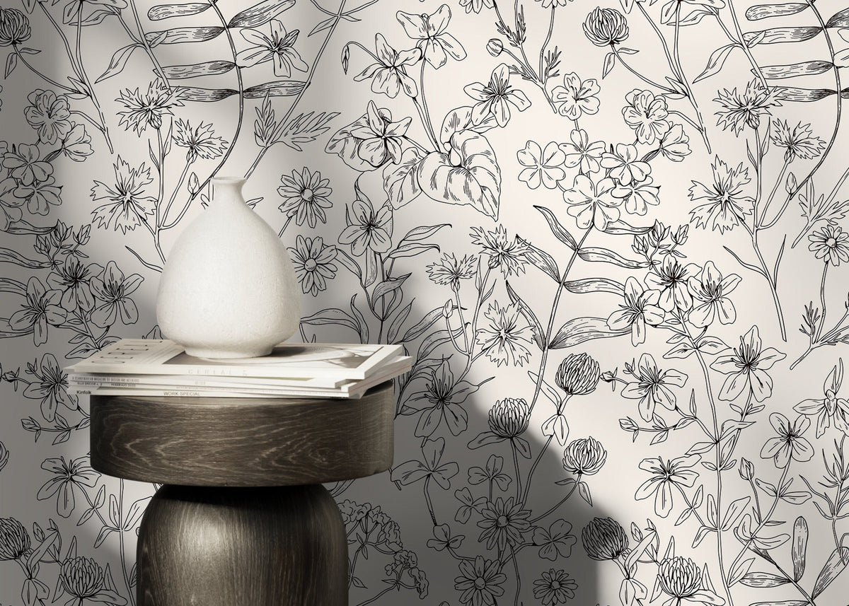Black and White Wildflowers Wallpaper / Peel and Stick Wallpaper Removable Wallpaper Home Decor Wall Art Wall Decor Room Decor - D306