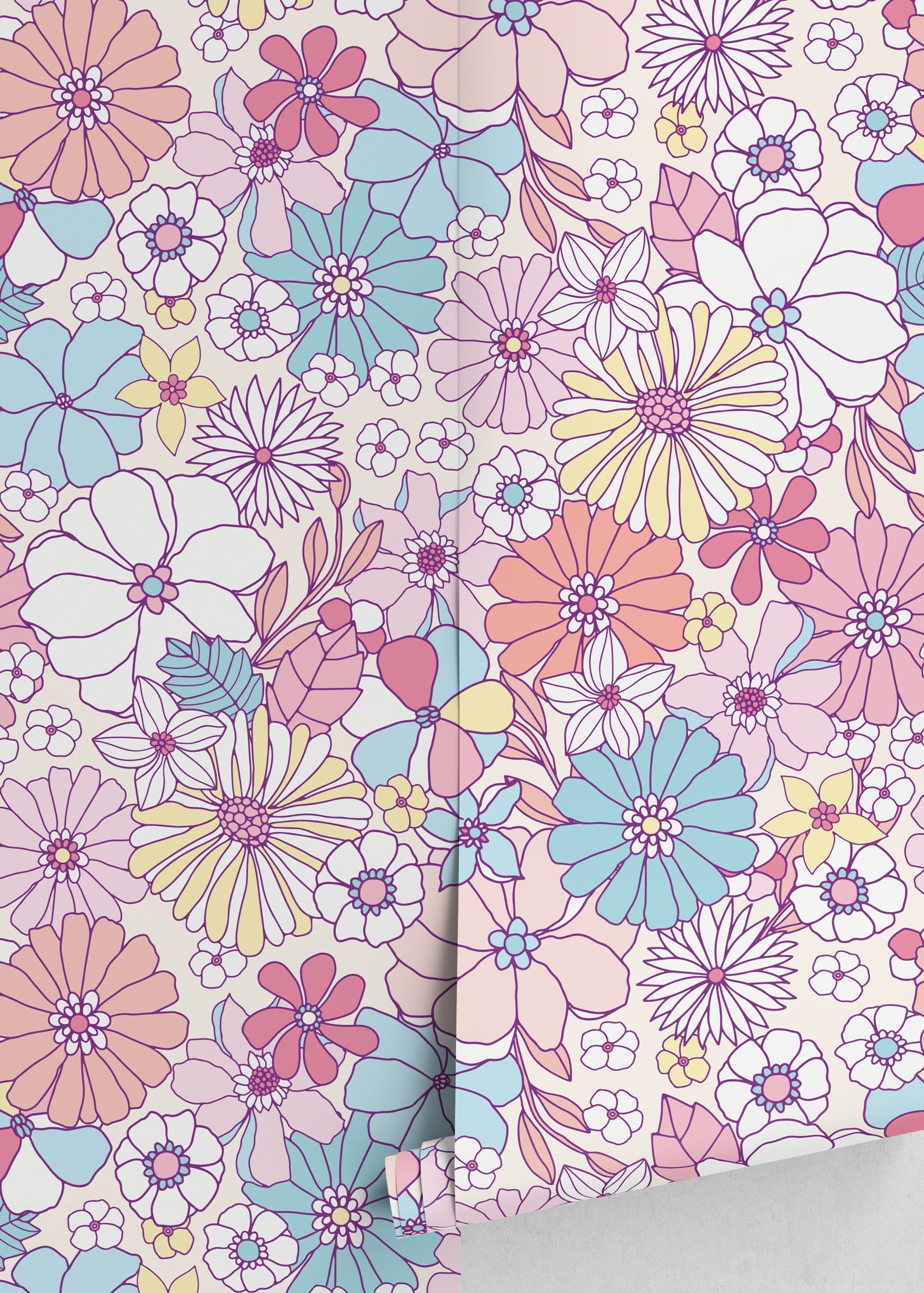 Retro Floral Wallpaper / Peel and Stick Wallpaper Removable Wallpaper Home Decor Wall Art Wall Decor Room Decor - D375