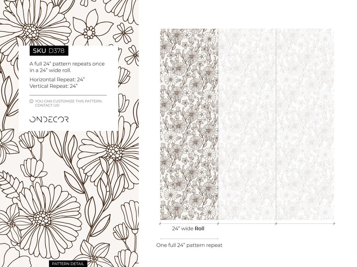 Neutral Boho Floral Wallpaper / Peel and Stick Wallpaper Removable Wallpaper Home Decor Wall Art Wall Decor Room Decor - D378