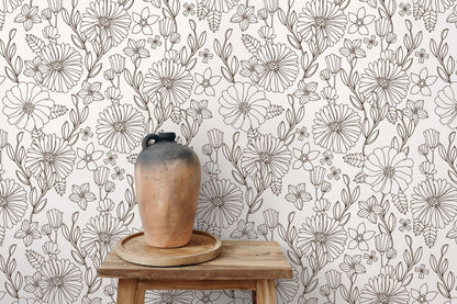 Neutral Boho Floral Wallpaper / Peel and Stick Wallpaper Removable Wallpaper Home Decor Wall Art Wall Decor Room Decor - D378
