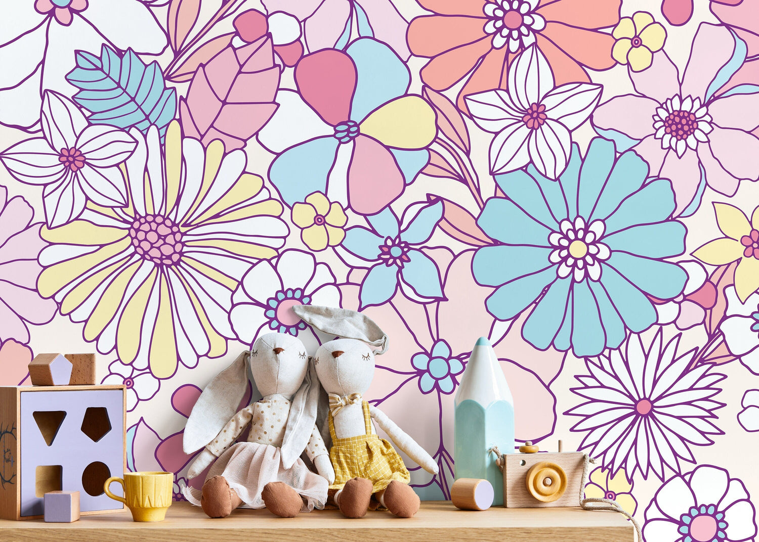 Retro Floral Wallpaper / Peel and Stick Wallpaper Removable Wallpaper Home Decor Wall Art Wall Decor Room Decor - D375