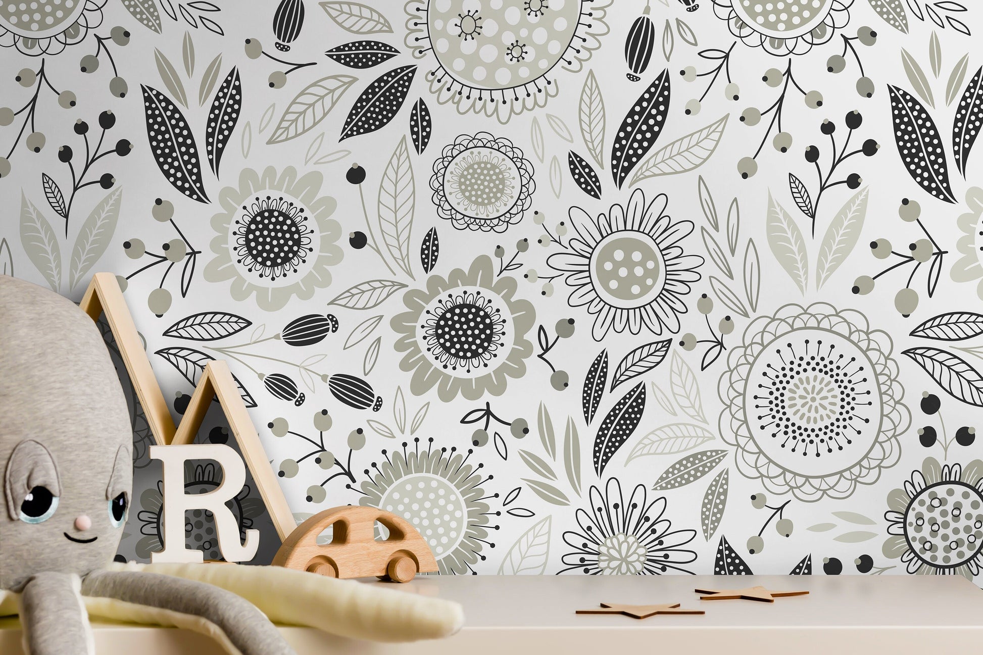 Gray Floral Garden Wallpaper / Peel and Stick Wallpaper Removable Wallpaper Home Decor Wall Art Wall Decor Room Decor - D283