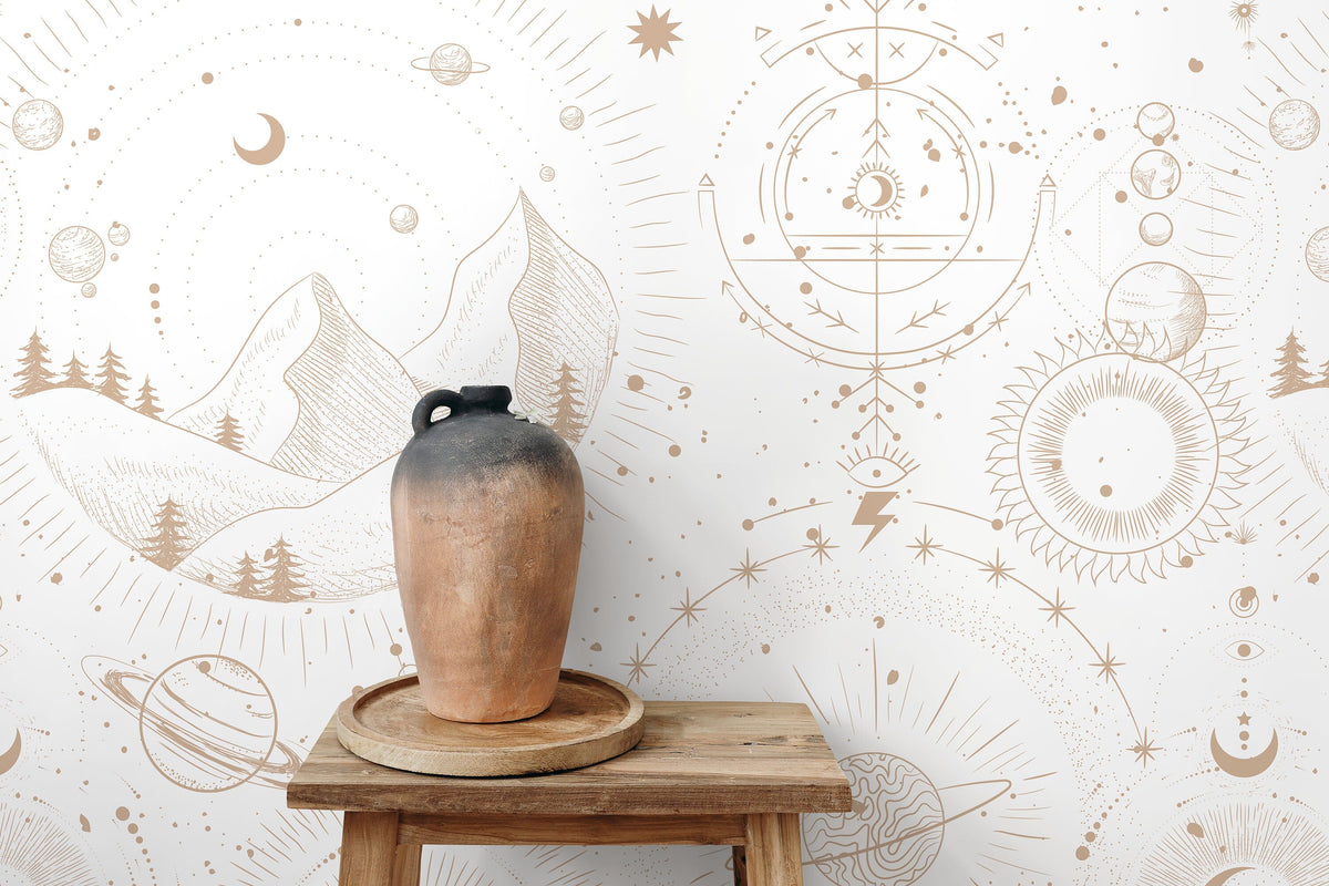 Aesthetic Celestial Mountains Wallpaper / Peel and Stick Wallpaper Removable Wallpaper Home Decor Wall Art Wall Decor Room Decor - D339
