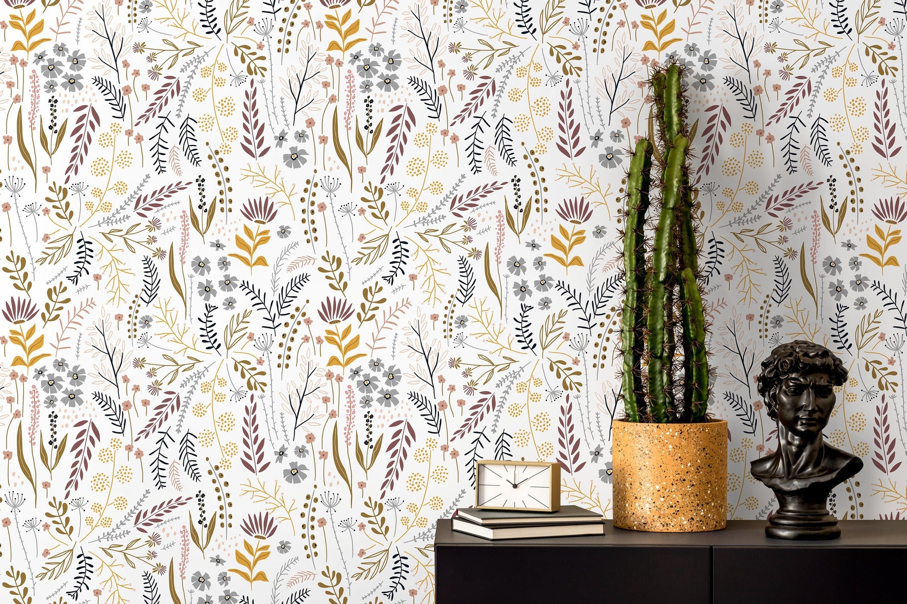 Boho Wildflowers Wallpaper / Peel and Stick Wallpaper Removable Wallpaper Home Decor Wall Art Wall Decor Room Decor - D316