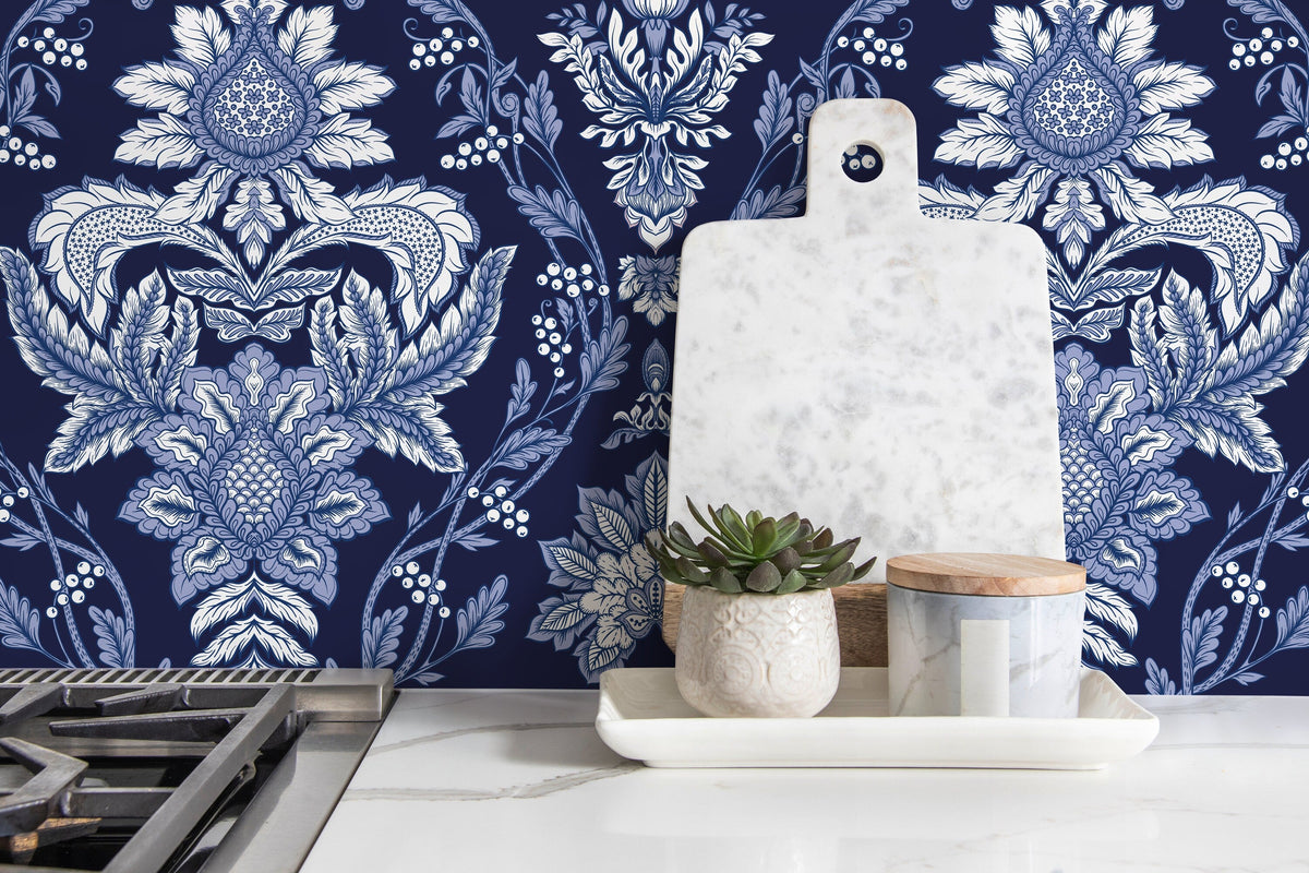 Blue Vintage Victorian Wallpaper / Peel and Stick Wallpaper Removable Wallpaper Home Decor Wall Art Wall Decor Room Decor - D223