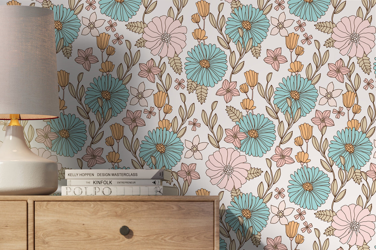 Pastel Boho Floral Wallpaper / Peel and Stick Wallpaper Removable Wallpaper Home Decor Wall Art Wall Decor Room Decor - D379