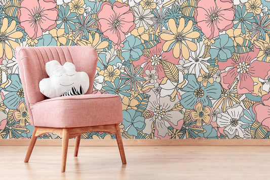 Pastel Color Floral Wallpaper / Peel and Stick Wallpaper Removable Wallpaper Home Decor Wall Art Wall Decor Room Decor - D382