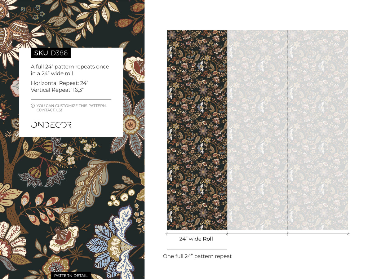 Dark Chintz Floral Wallpaper / Peel and Stick Wallpaper Removable Wallpaper Home Decor Wall Art Wall Decor Room Decor - D386
