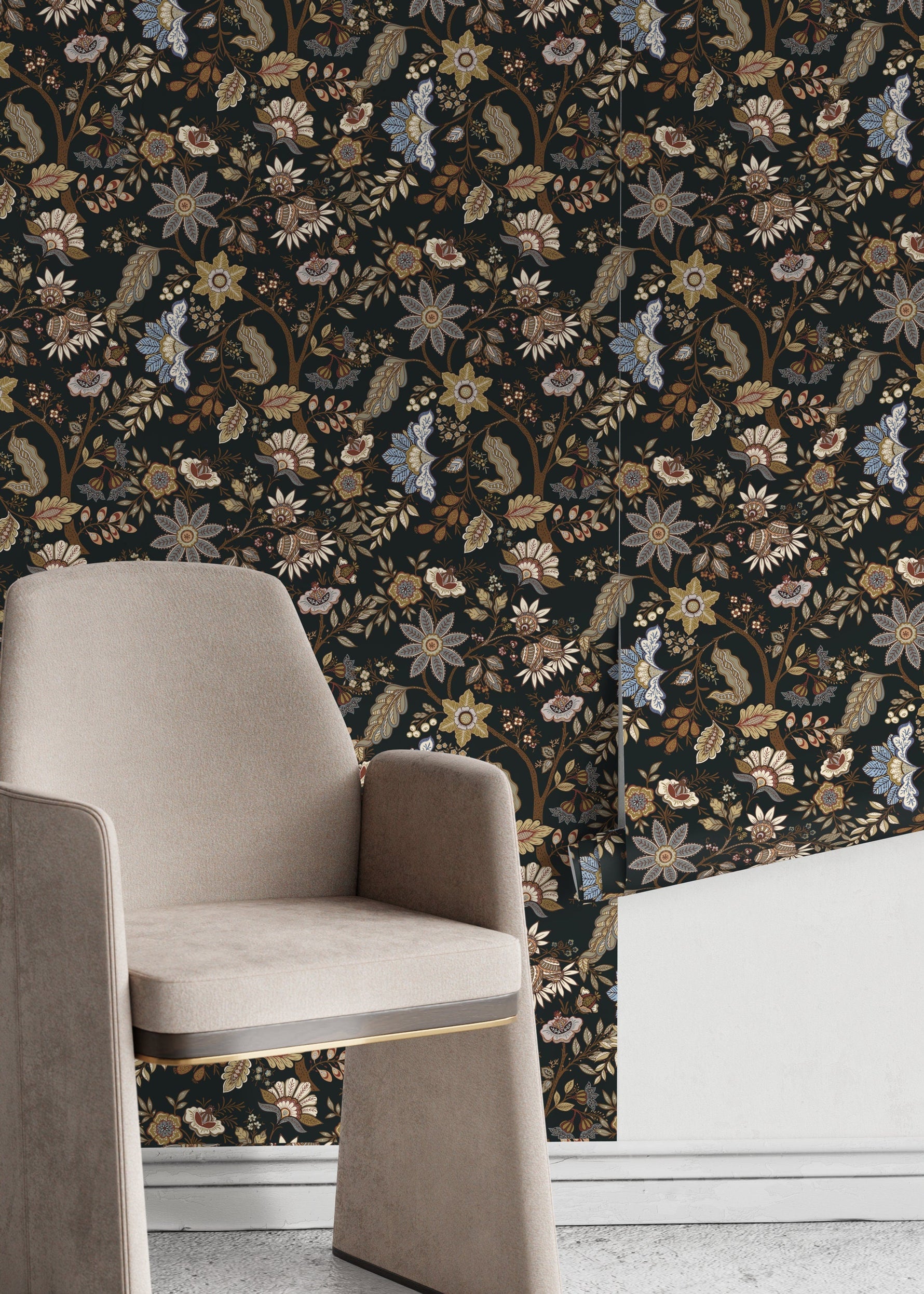 Dark Chintz Floral Wallpaper / Peel and Stick Wallpaper Removable Wallpaper Home Decor Wall Art Wall Decor Room Decor - D386