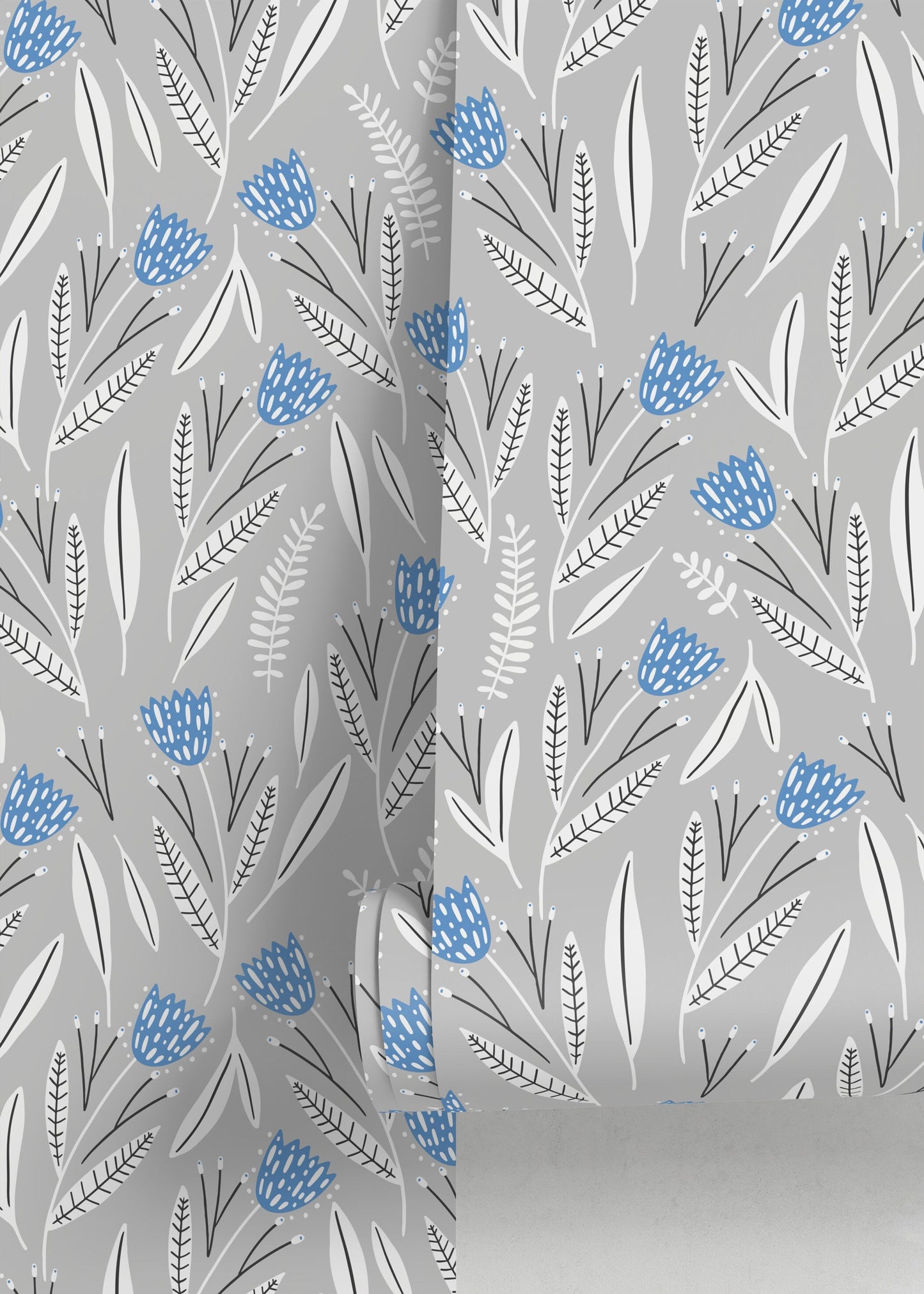 Blue and Gray Floral Wallpaper / Peel and Stick Wallpaper Removable Wallpaper Home Decor Wall Art Wall Decor Room Decor - D388