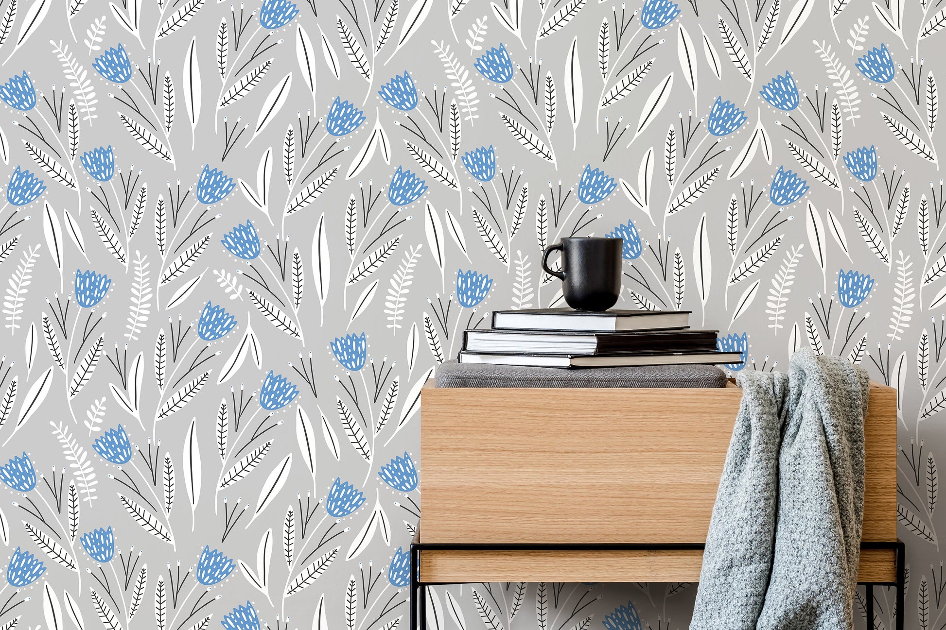 Blue and Gray Floral Wallpaper / Peel and Stick Wallpaper Removable Wallpaper Home Decor Wall Art Wall Decor Room Decor - D388