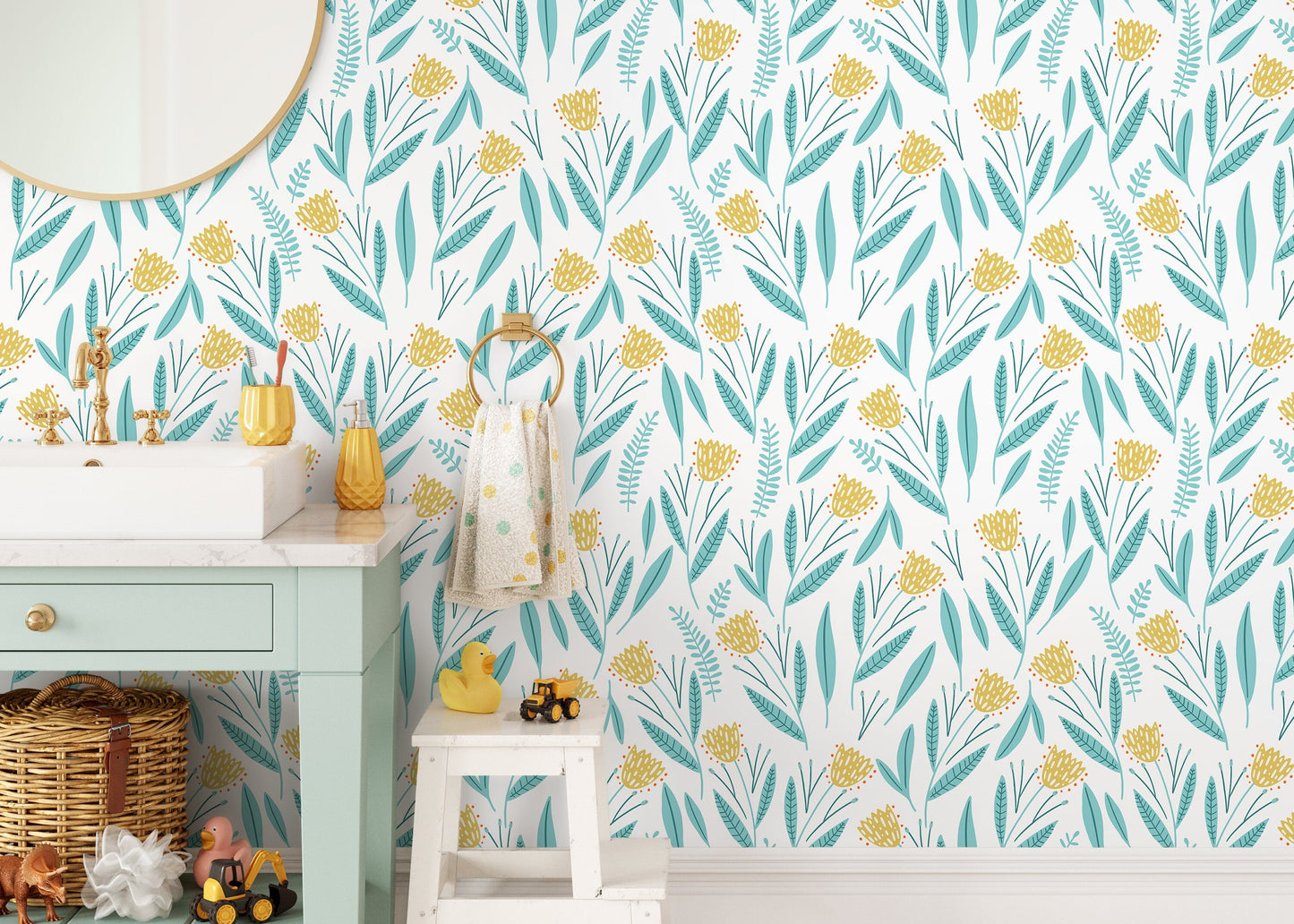 Light Blue and Yellow Floral Wallpaper / Peel and Stick Wallpaper Removable Wallpaper Home Decor Wall Art Wall Decor Room Decor - D389