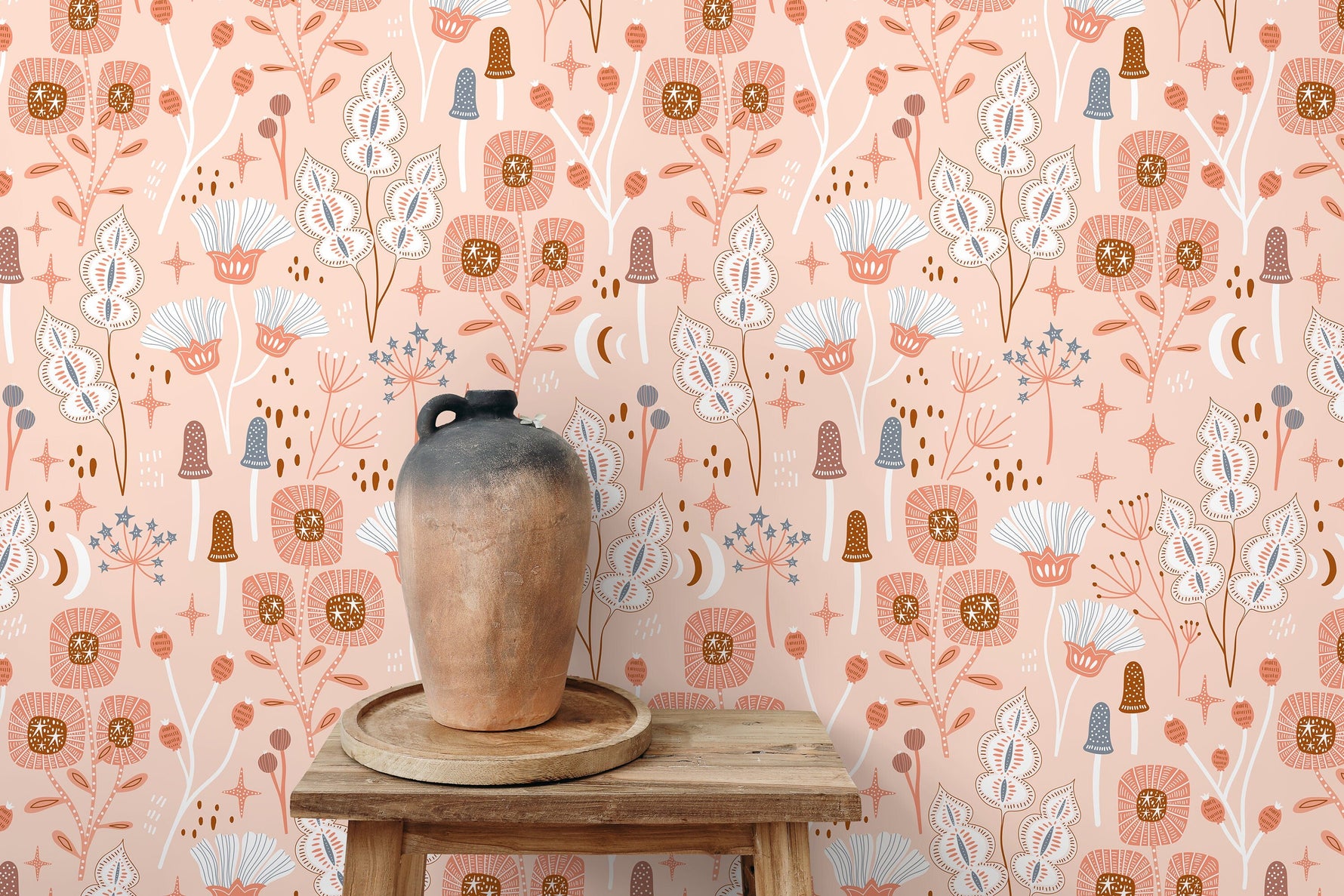 Pink Mind-Century Floral Wallpaper / Peel and Stick Wallpaper Removable Wallpaper Home Decor Wall Art Wall Decor Room Decor - D393