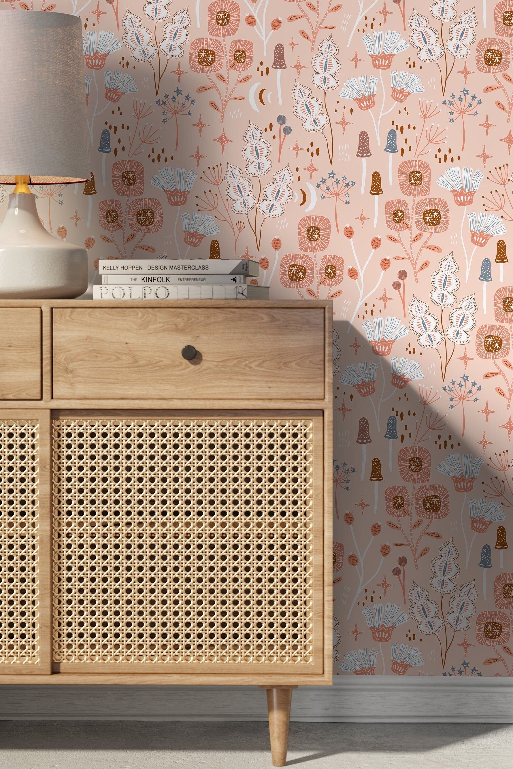 Pink Mind-Century Floral Wallpaper / Peel and Stick Wallpaper Removable Wallpaper Home Decor Wall Art Wall Decor Room Decor - D393
