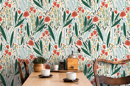 Scandinavian Floral Wallpaper / Peel and Stick Wallpaper Removable Wallpaper Home Decor Wall Art Wall Decor Room Decor - D398