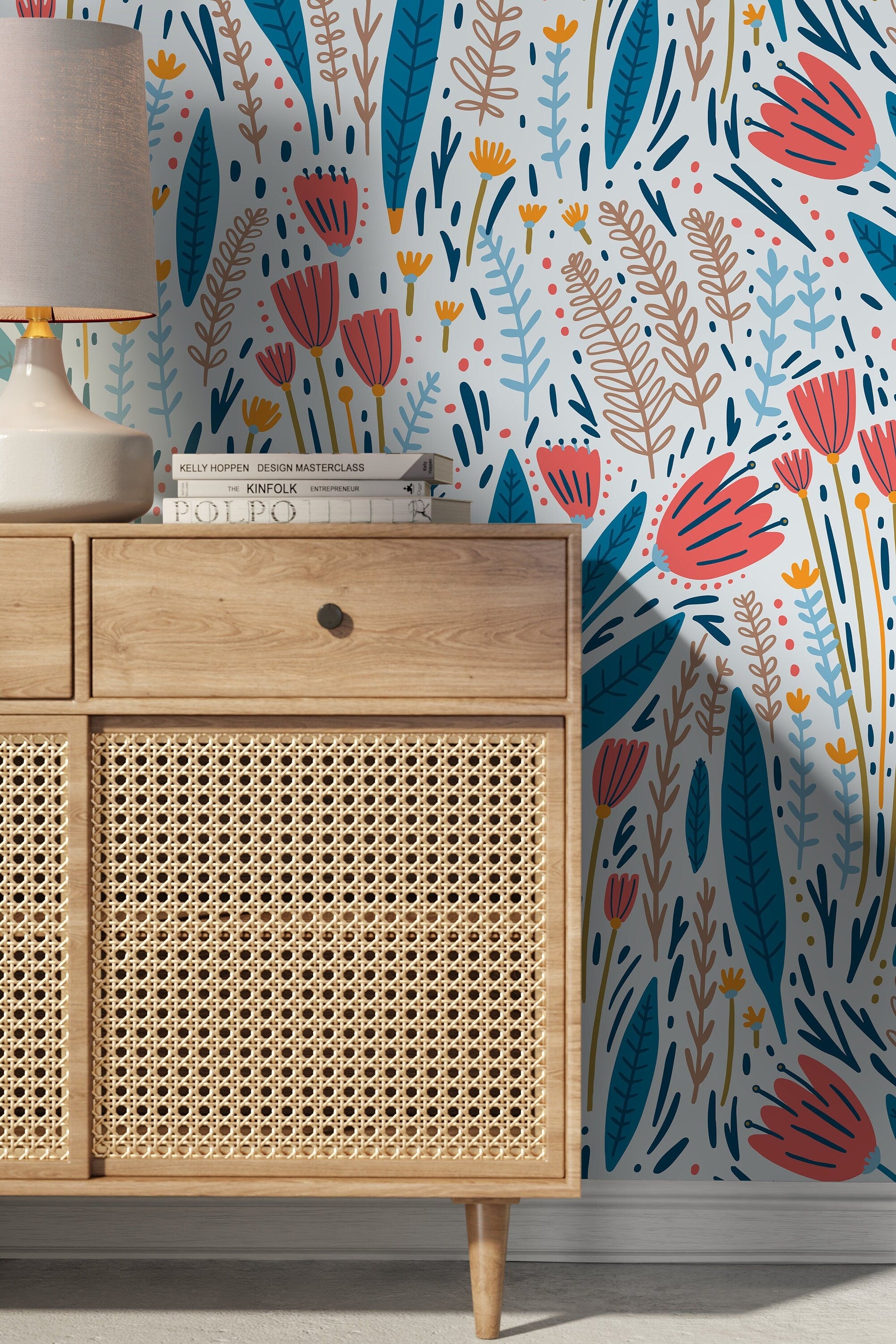 Scandinavian Floral Garden Wallpaper / Peel and Stick Wallpaper Removable Wallpaper Home Decor Wall Art Wall Decor Room Decor - D399