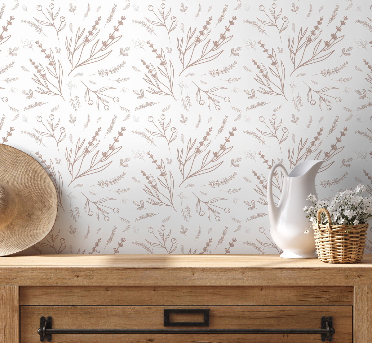 Neutral Minimalist Wildflower Wallpaper / Peel and Stick Wallpaper Removable Wallpaper Home Decor Wall Art Wall Decor Room Decor - D402
