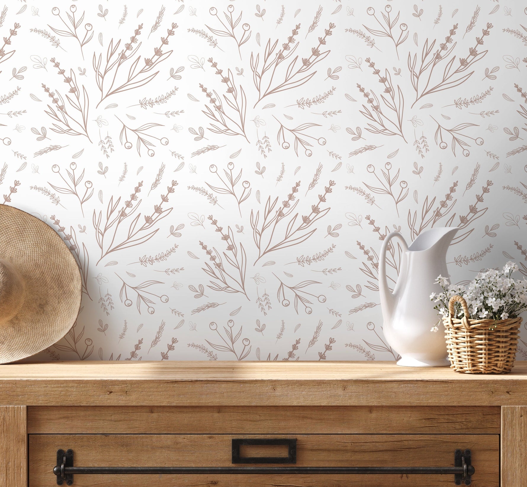 Neutral Minimalist Wildflower Wallpaper / Peel and Stick Wallpaper Removable Wallpaper Home Decor Wall Art Wall Decor Room Decor - D402