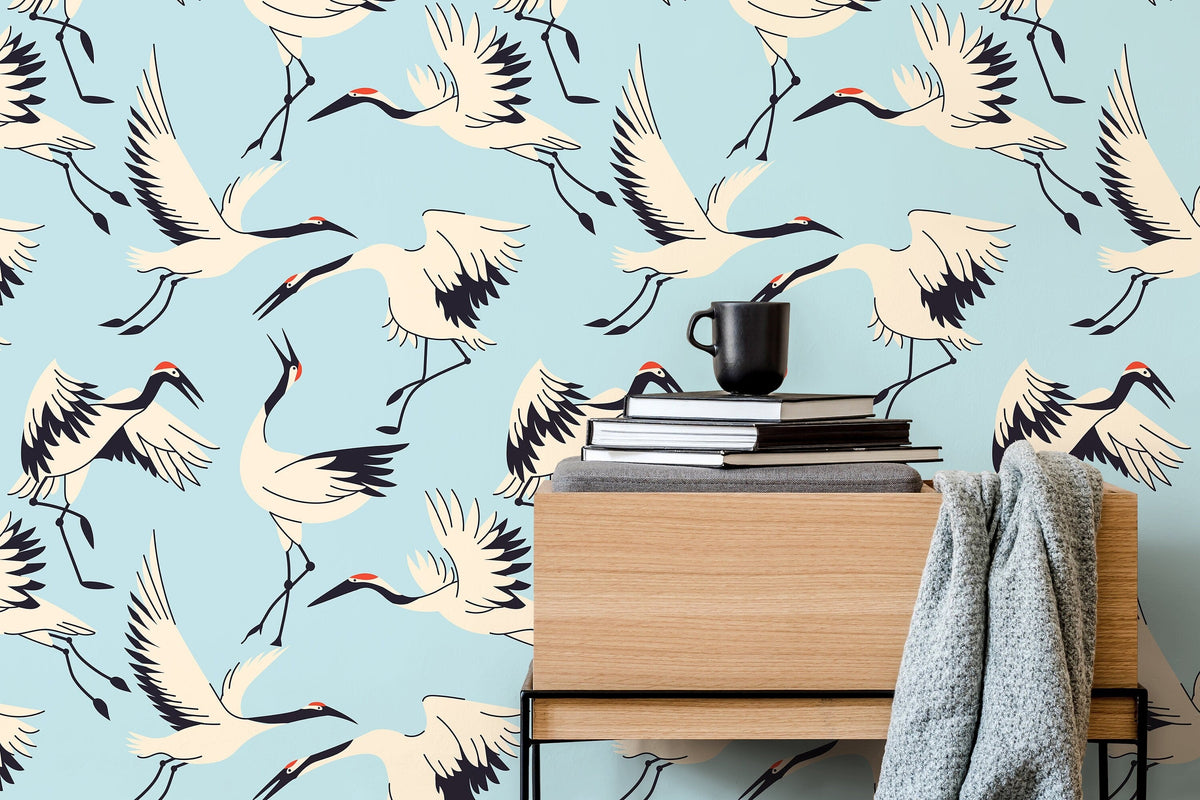 Crane Birds Wallpaper / Peel and Stick Wallpaper Removable Wallpaper Home Decor Wall Art Wall Decor Room Decor - D403