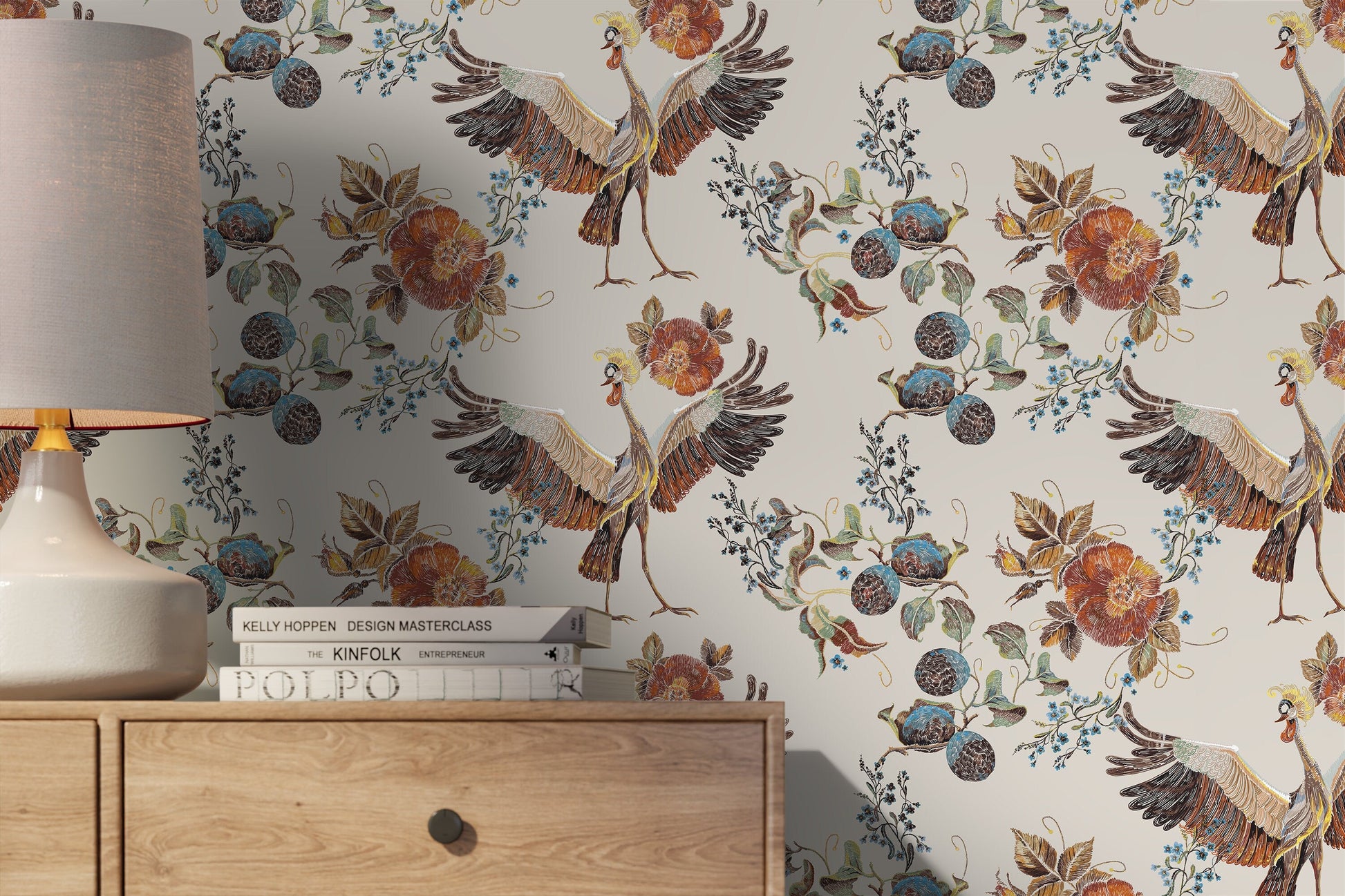 Vintage Floral and Bird Wallpaper / Peel and Stick Wallpaper Removable Wallpaper Home Decor Wall Art Wall Decor Room Decor - D404