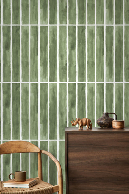 Green Modern Striped Wallpaper / Peel and Stick Wallpaper Removable Wallpaper Home Decor Wall Art Wall Decor Room Decor - D325