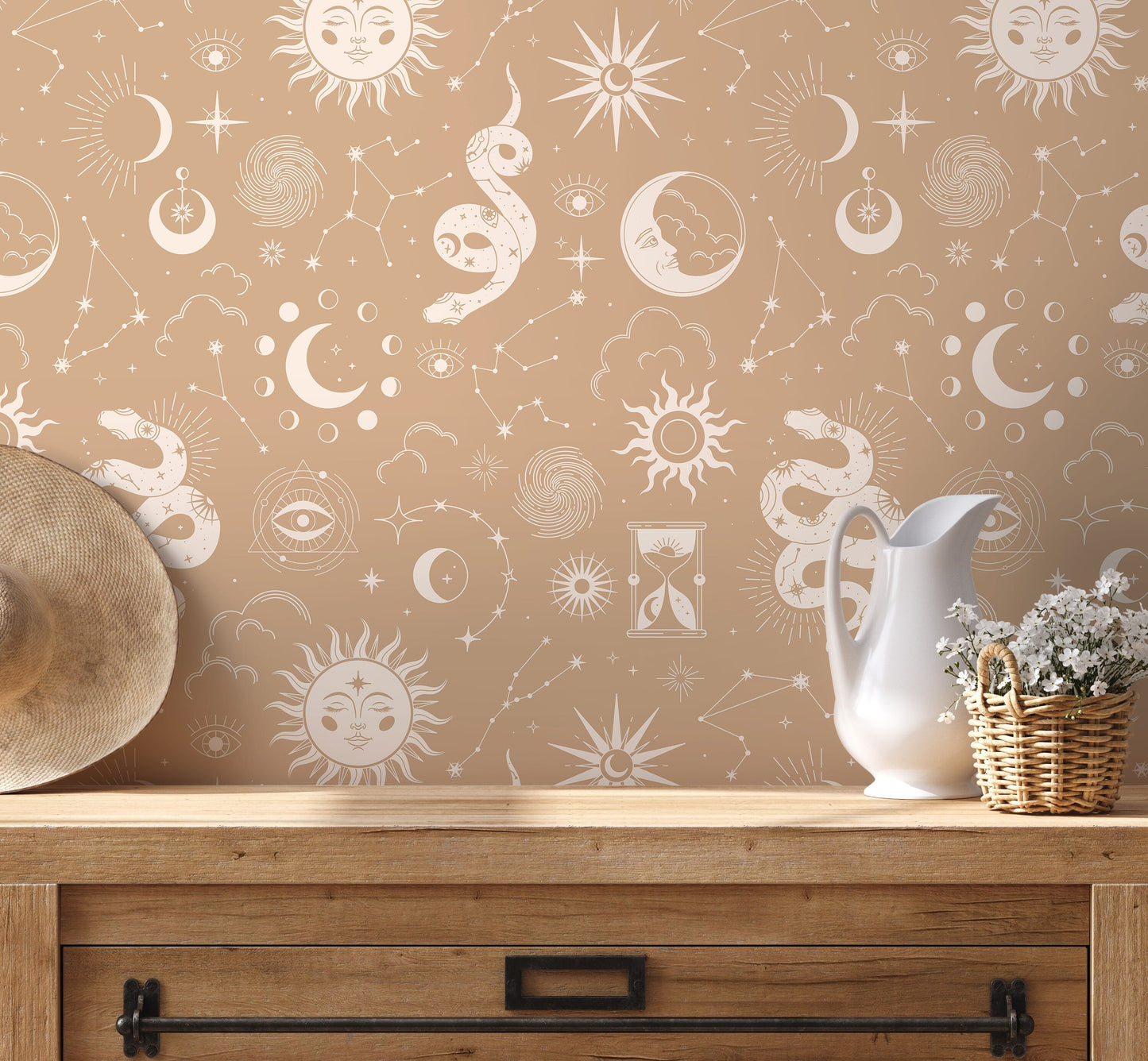 Beige Celestial Wallpaper / Peel and Stick Wallpaper Removable Wallpaper Home Decor Wall Art Wall Decor Room Decor - D346