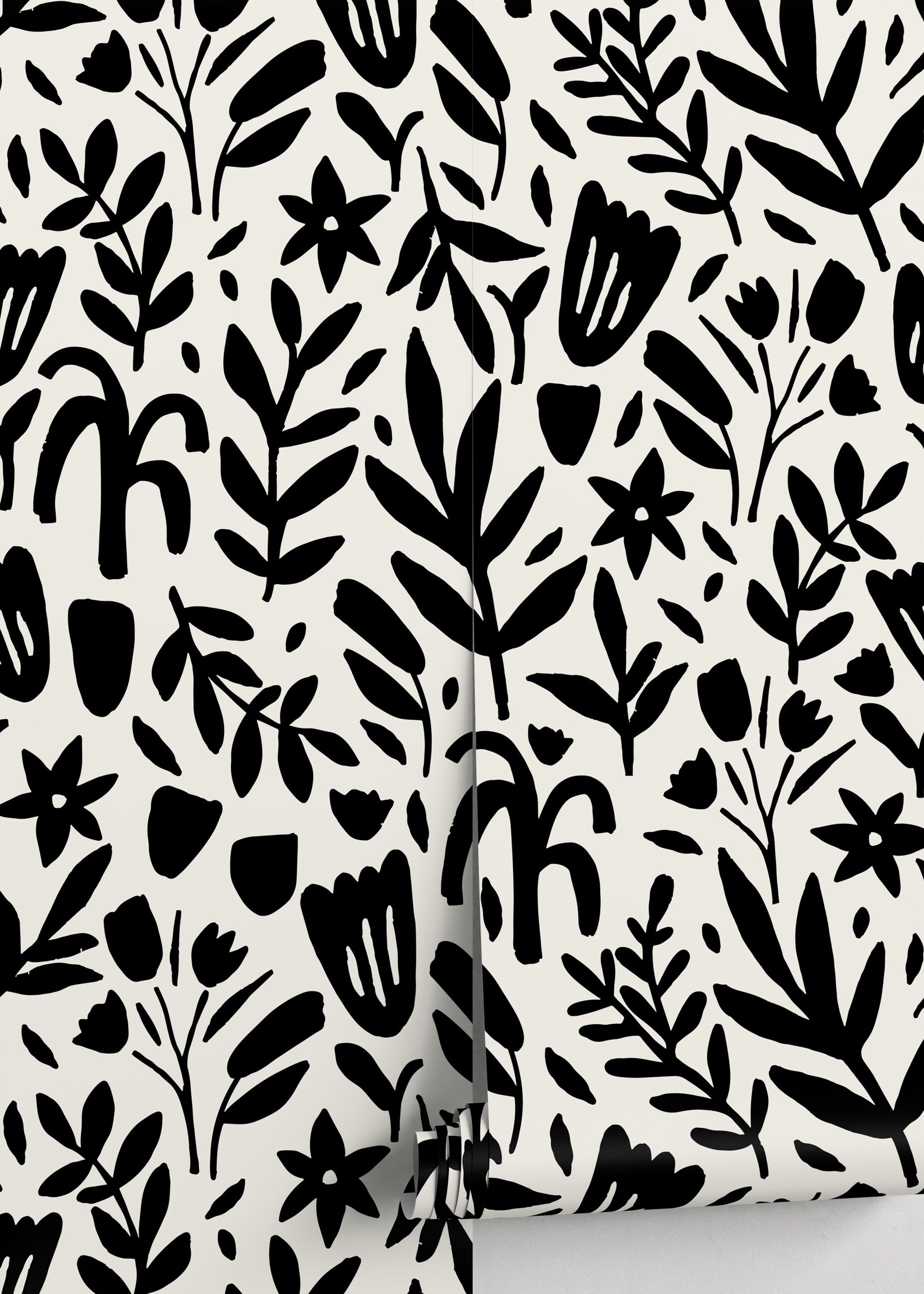 Black and White Floral Wallpaper / Peel and Stick Wallpaper Removable Wallpaper Home Decor Wall Art Wall Decor Room Decor - D370