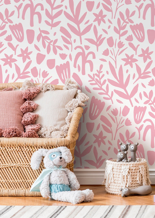 Cute Pink Floral Wallpaper / Peel and Stick Wallpaper Removable Wallpaper Home Decor Wall Art Wall Decor Room Decor - D368