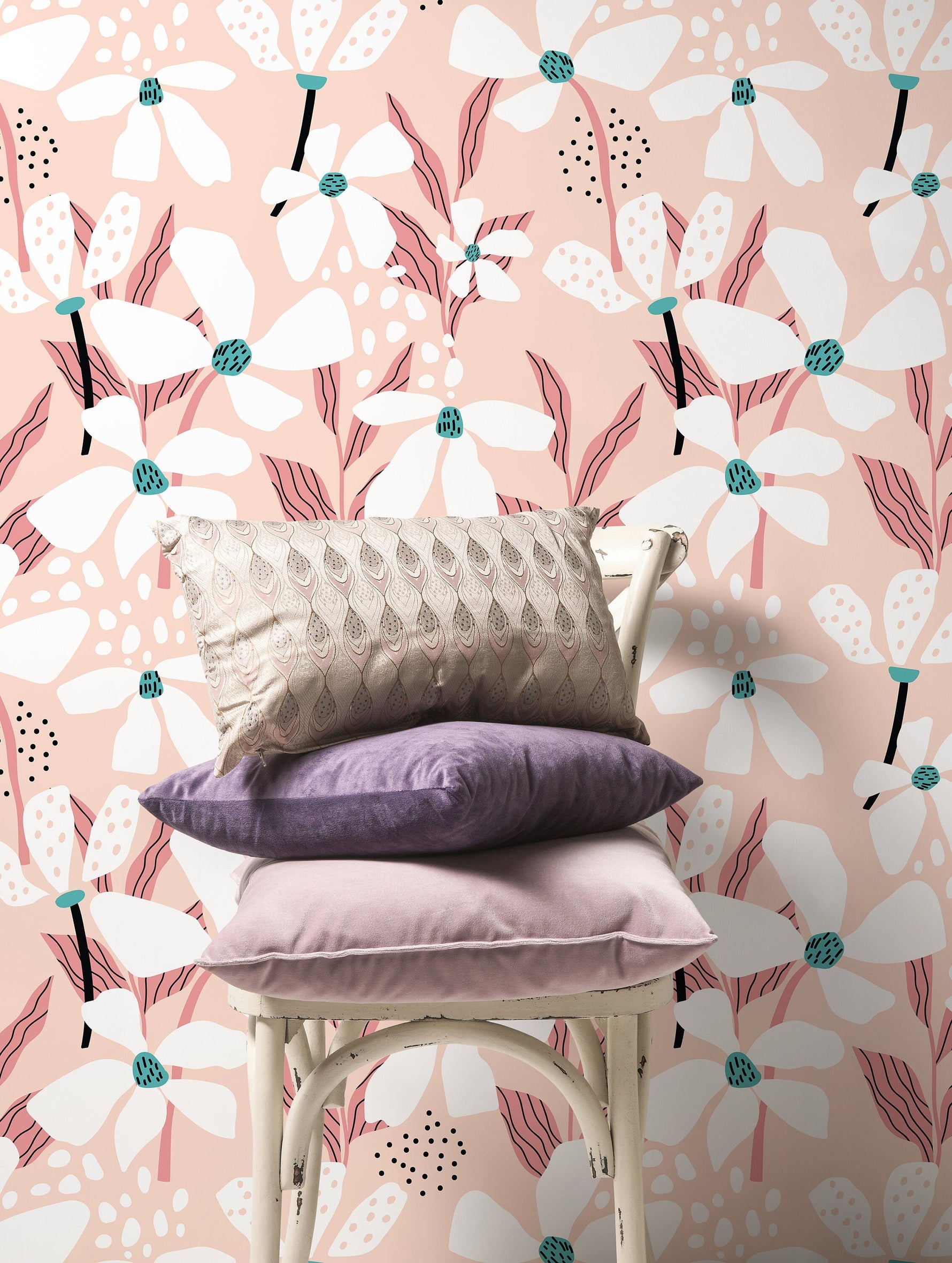 Pink Floral Wallpaper / Peel and Stick Wallpaper Removable Wallpaper Home Decor Wall Art Wall Decor Room Decor - D372