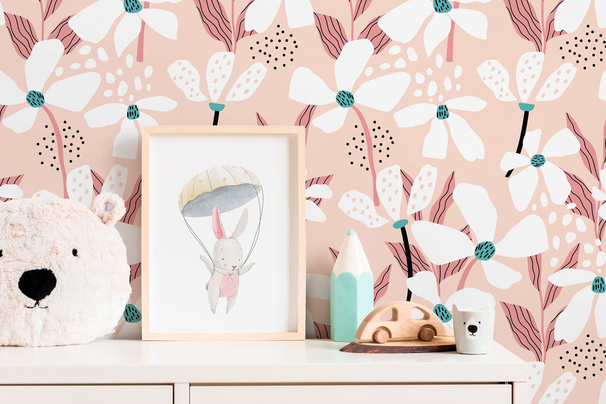 Pink Floral Wallpaper / Peel and Stick Wallpaper Removable Wallpaper Home Decor Wall Art Wall Decor Room Decor - D372
