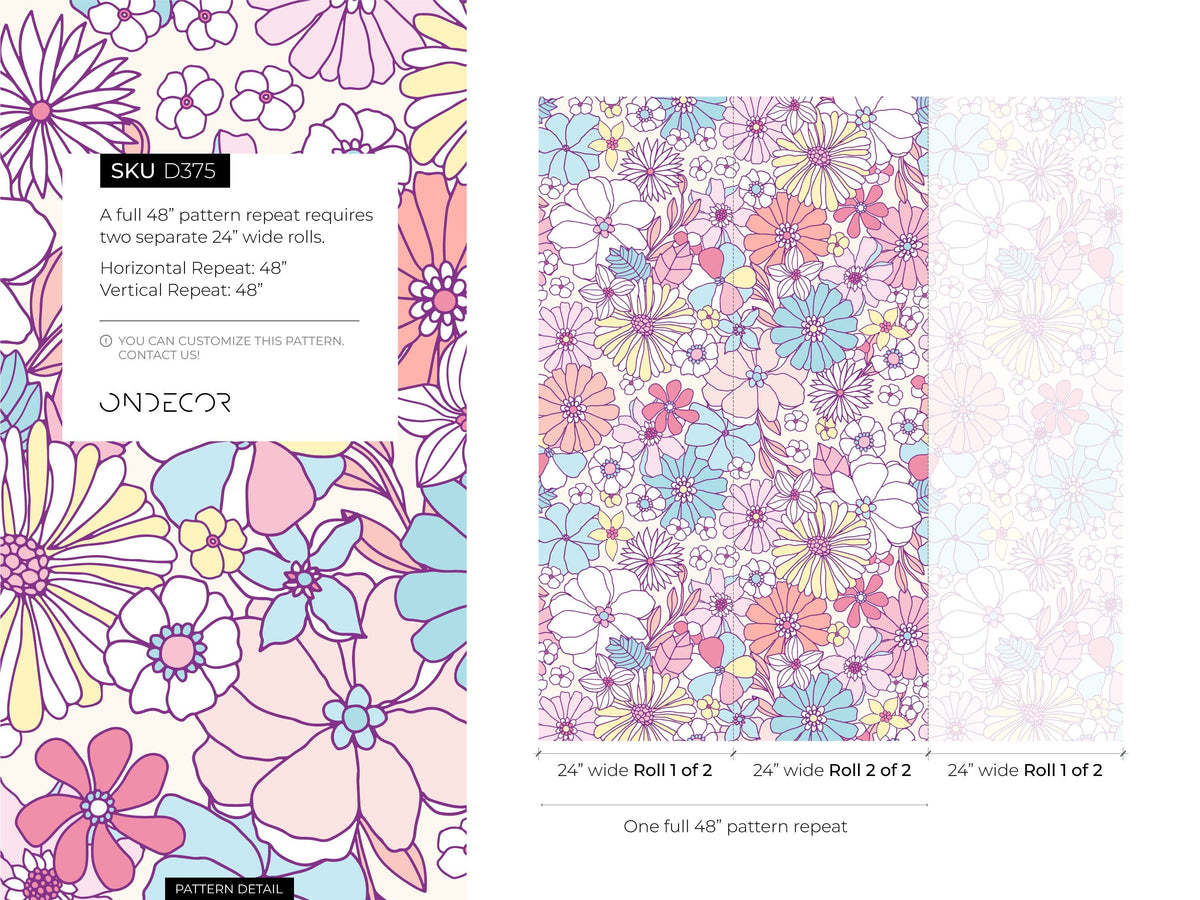 Retro Floral Wallpaper / Peel and Stick Wallpaper Removable Wallpaper Home Decor Wall Art Wall Decor Room Decor - D375