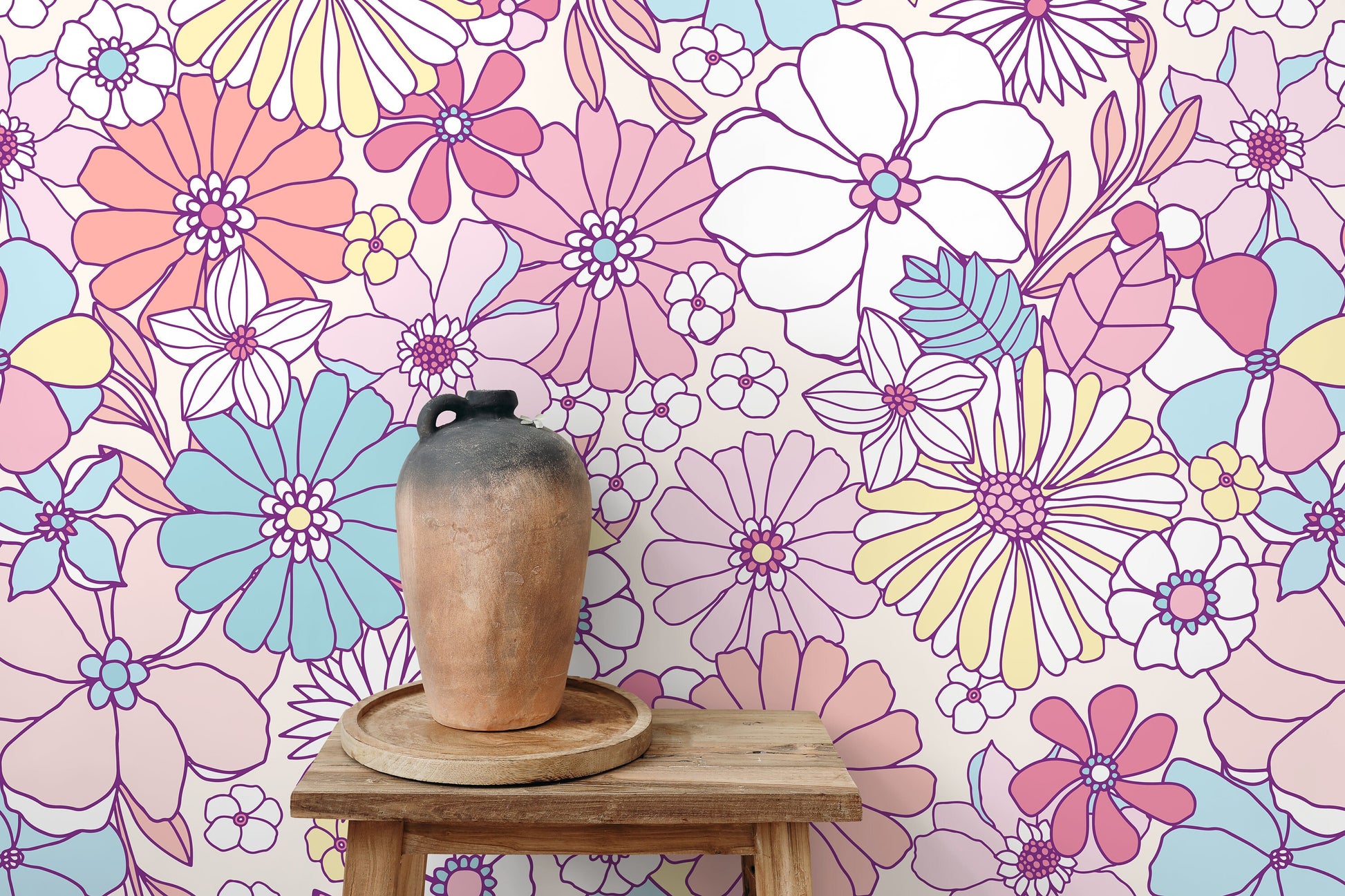 Retro Floral Wallpaper / Peel and Stick Wallpaper Removable Wallpaper Home Decor Wall Art Wall Decor Room Decor - D375