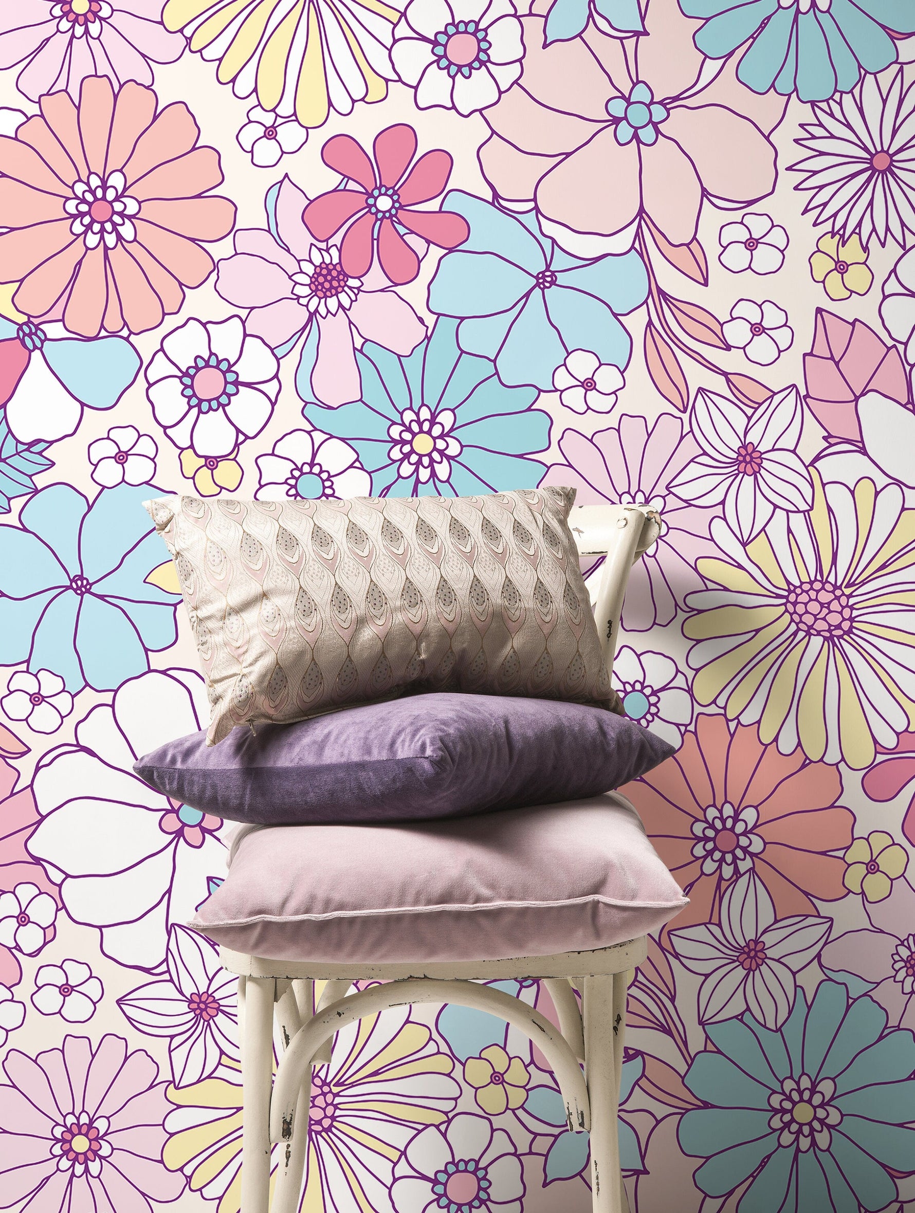 Retro Floral Wallpaper / Peel and Stick Wallpaper Removable Wallpaper Home Decor Wall Art Wall Decor Room Decor - D375