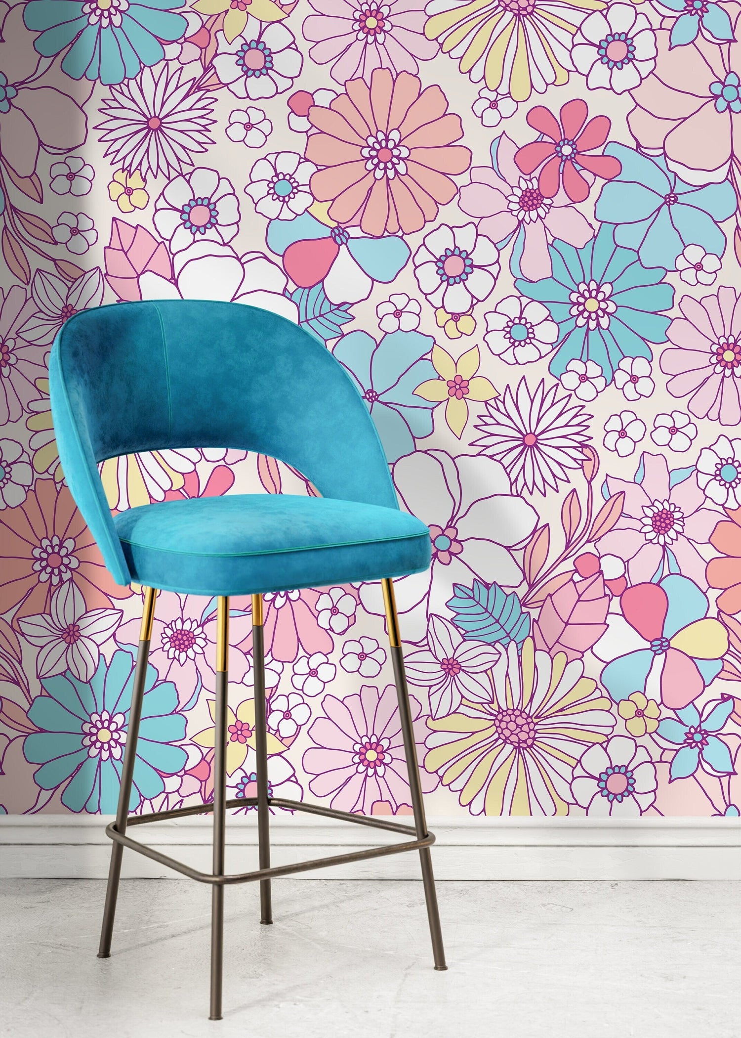 Retro Floral Wallpaper / Peel and Stick Wallpaper Removable Wallpaper Home Decor Wall Art Wall Decor Room Decor - D375