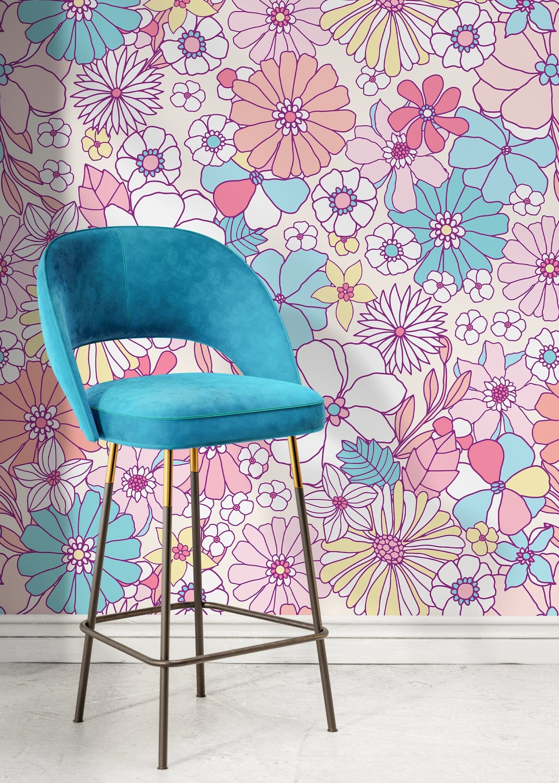 Retro Floral Wallpaper / Peel and Stick Wallpaper Removable Wallpaper Home Decor Wall Art Wall Decor Room Decor - D375