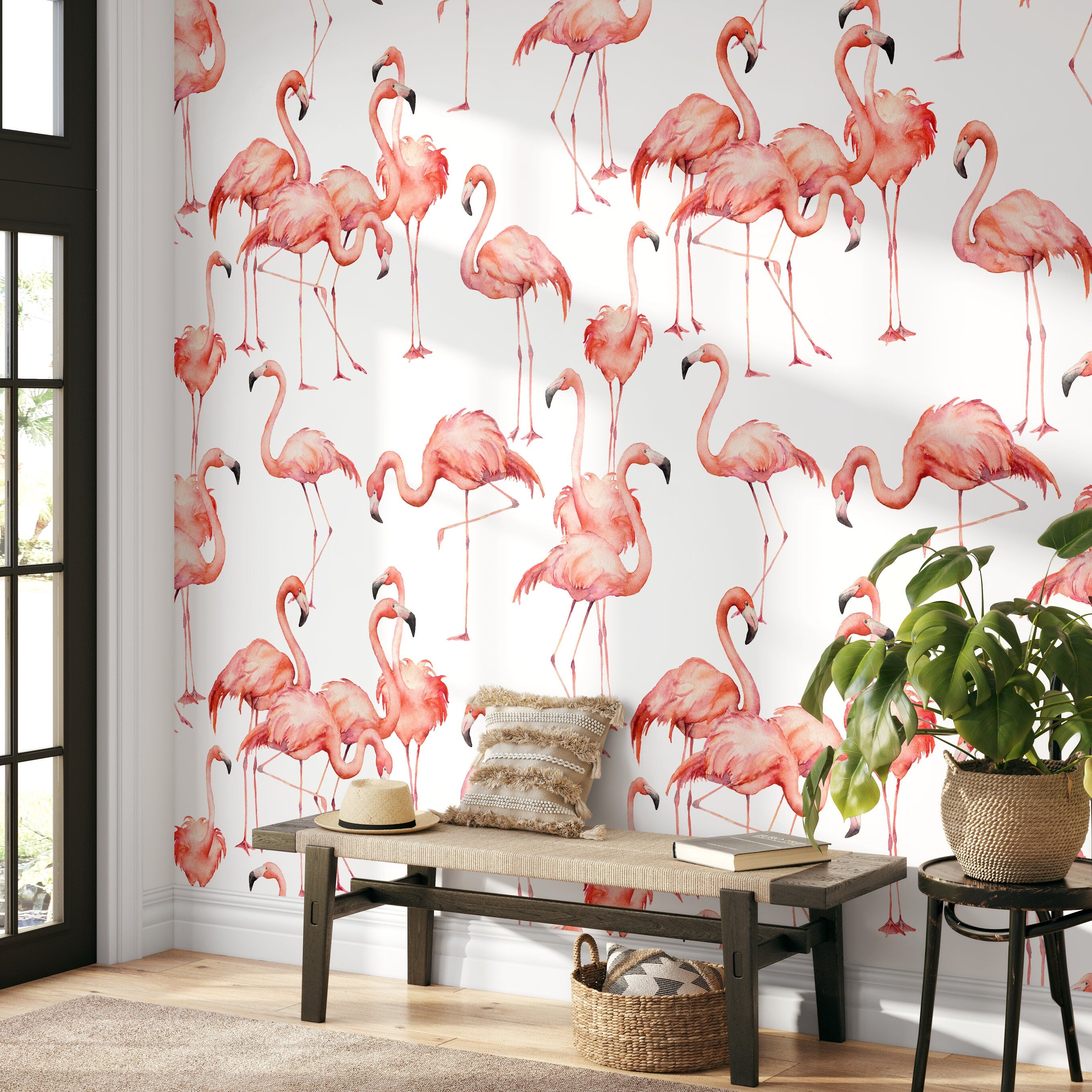 Watercolor Flamingos Wallpaper - Removable Wallpaper Peel and Stick  Wallpaper Wall Paper Wall Mural - B323