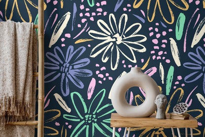 Hand-drawn Flowers Wallpaper - Removable Wallpaper Peel and Stick Wallpaper Wall Paper Wall - B332