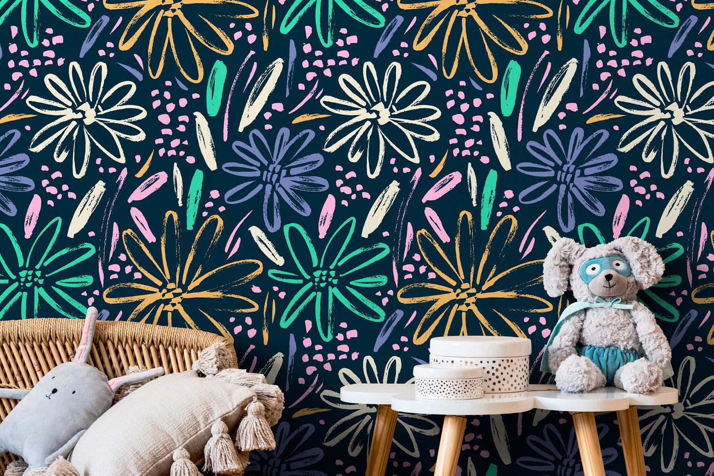 Hand-drawn Flowers Wallpaper - Removable Wallpaper Peel and Stick Wallpaper Wall Paper Wall - B332