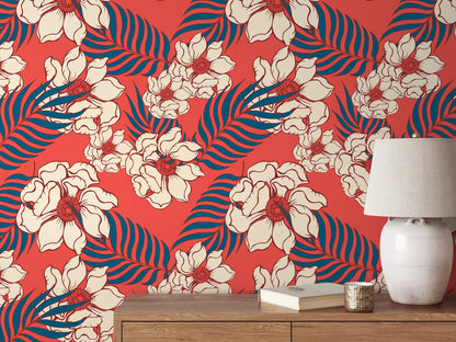 Hawaiian Leaves and Flowers Wallpaper - Removable Wallpaper Peel and Stick Wallpaper Wall Paper - B334