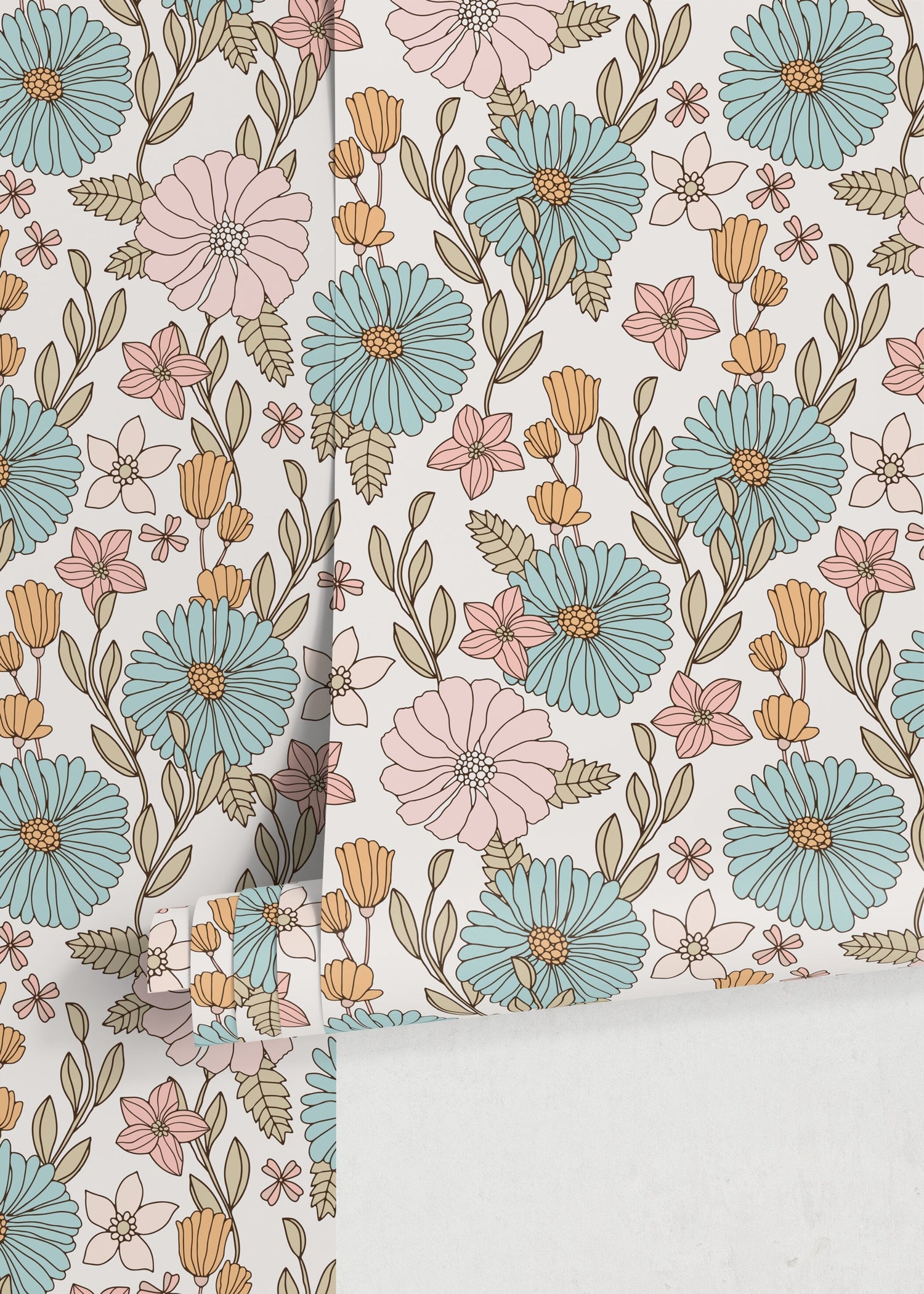 Pastel Boho Floral Wallpaper / Peel and Stick Wallpaper Removable Wallpaper Home Decor Wall Art Wall Decor Room Decor - D379