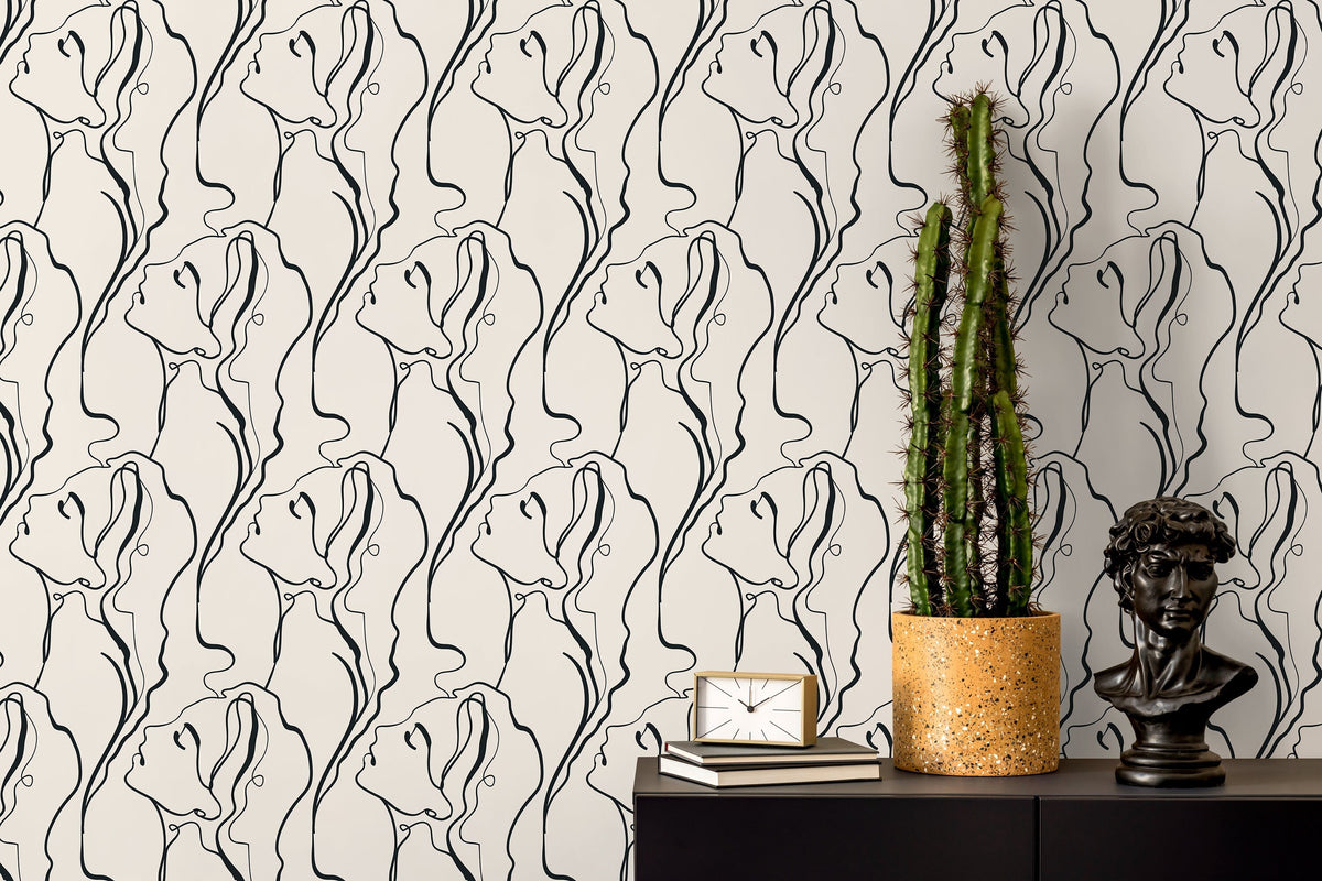 Women Face Art Line Wallpaper / Peel and Stick Wallpaper Removable Wallpaper Home Decor Wall Art Wall Decor Room Decor - D383