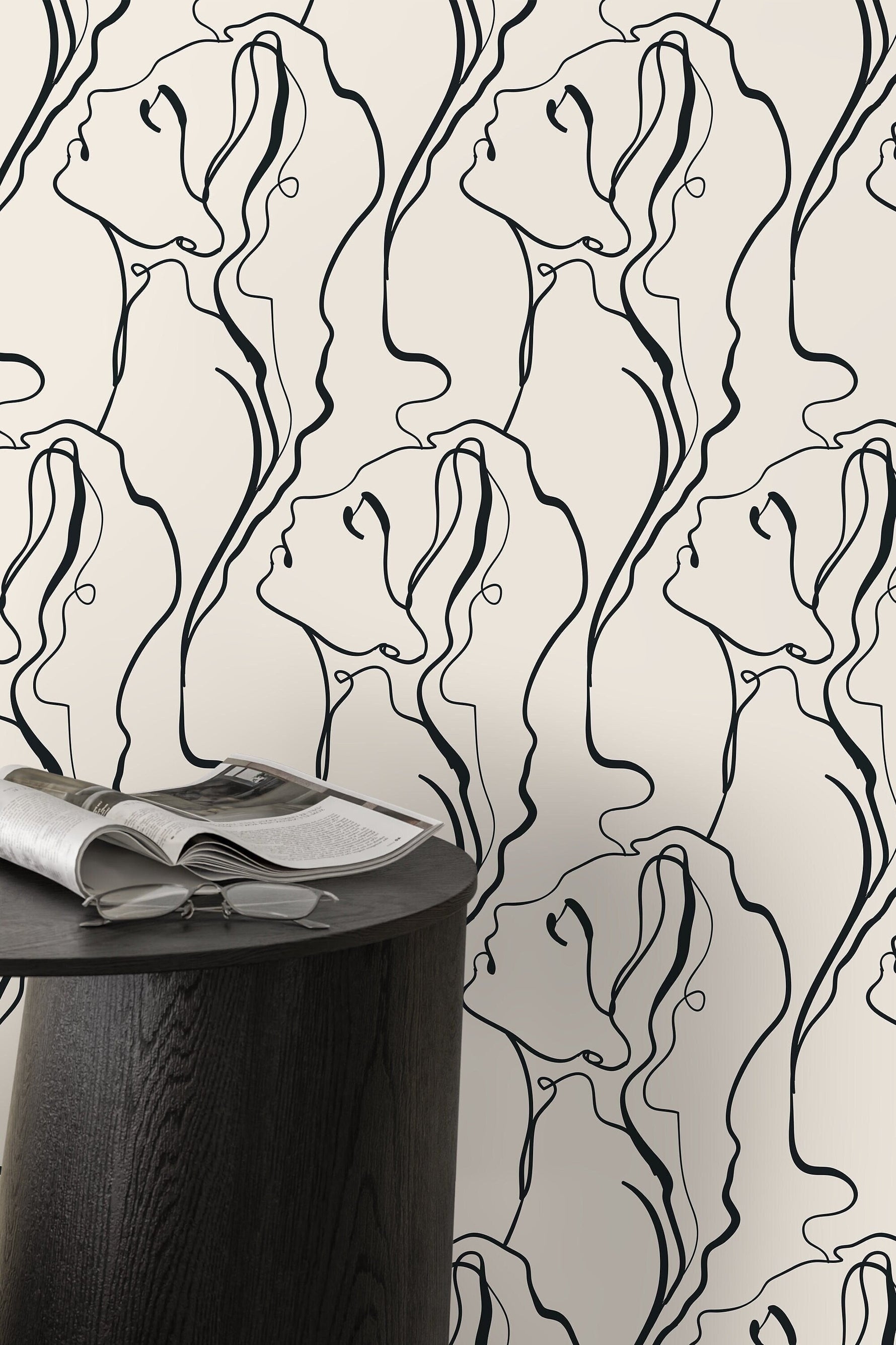 Women Face Art Line Wallpaper / Peel and Stick Wallpaper Removable Wallpaper Home Decor Wall Art Wall Decor Room Decor - D383