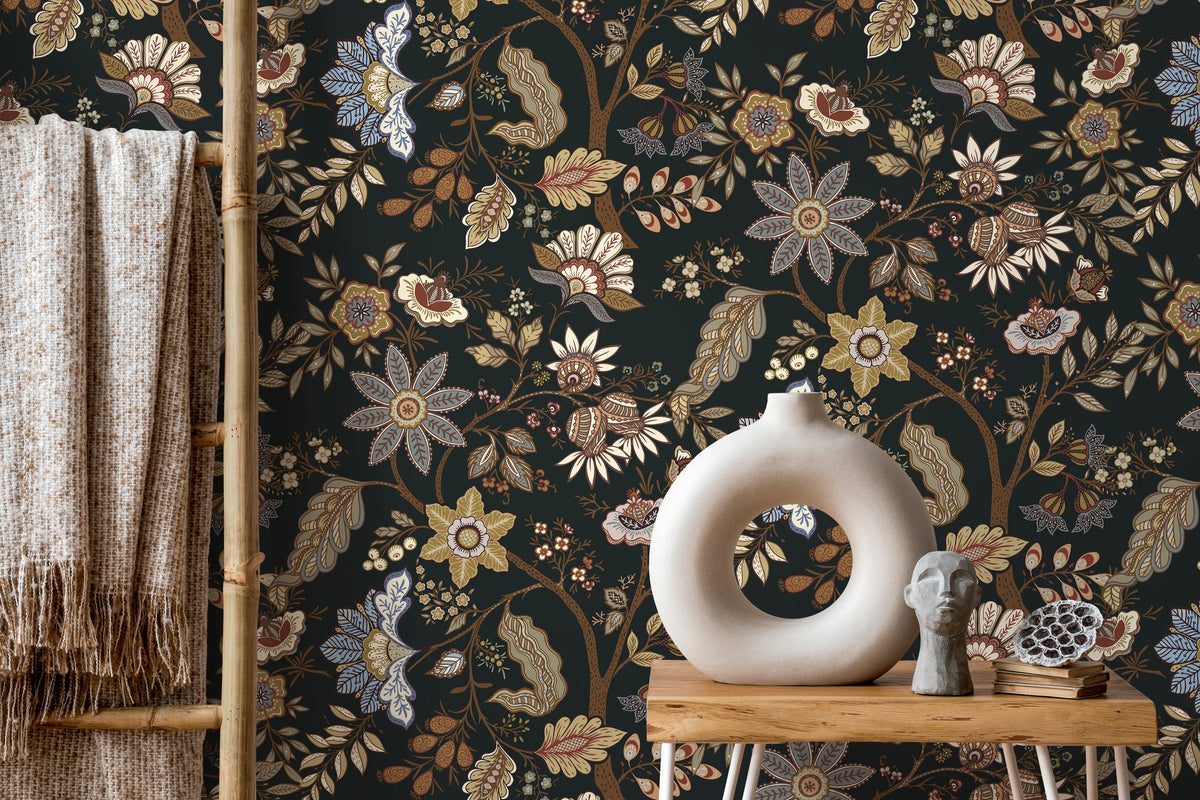 Dark Chintz Floral Wallpaper / Peel and Stick Wallpaper Removable Wallpaper Home Decor Wall Art Wall Decor Room Decor - D386