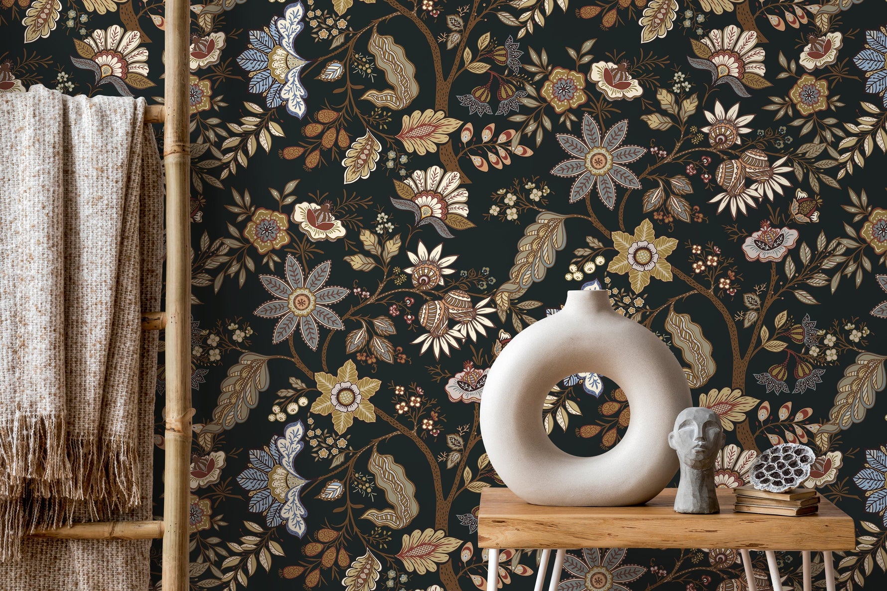 Dark Chintz Floral Wallpaper / Peel and Stick Wallpaper Removable Wallpaper Home Decor Wall Art Wall Decor Room Decor - D386
