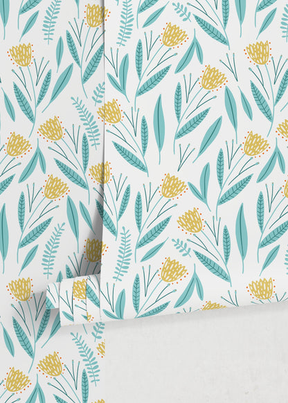 Light Blue and Yellow Floral Wallpaper / Peel and Stick Wallpaper Removable Wallpaper Home Decor Wall Art Wall Decor Room Decor - D389