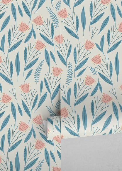 Cute Floral and Leaf Wallpaper / Peel and Stick Wallpaper Removable Wallpaper Home Decor Wall Art Wall Decor Room Decor - D390