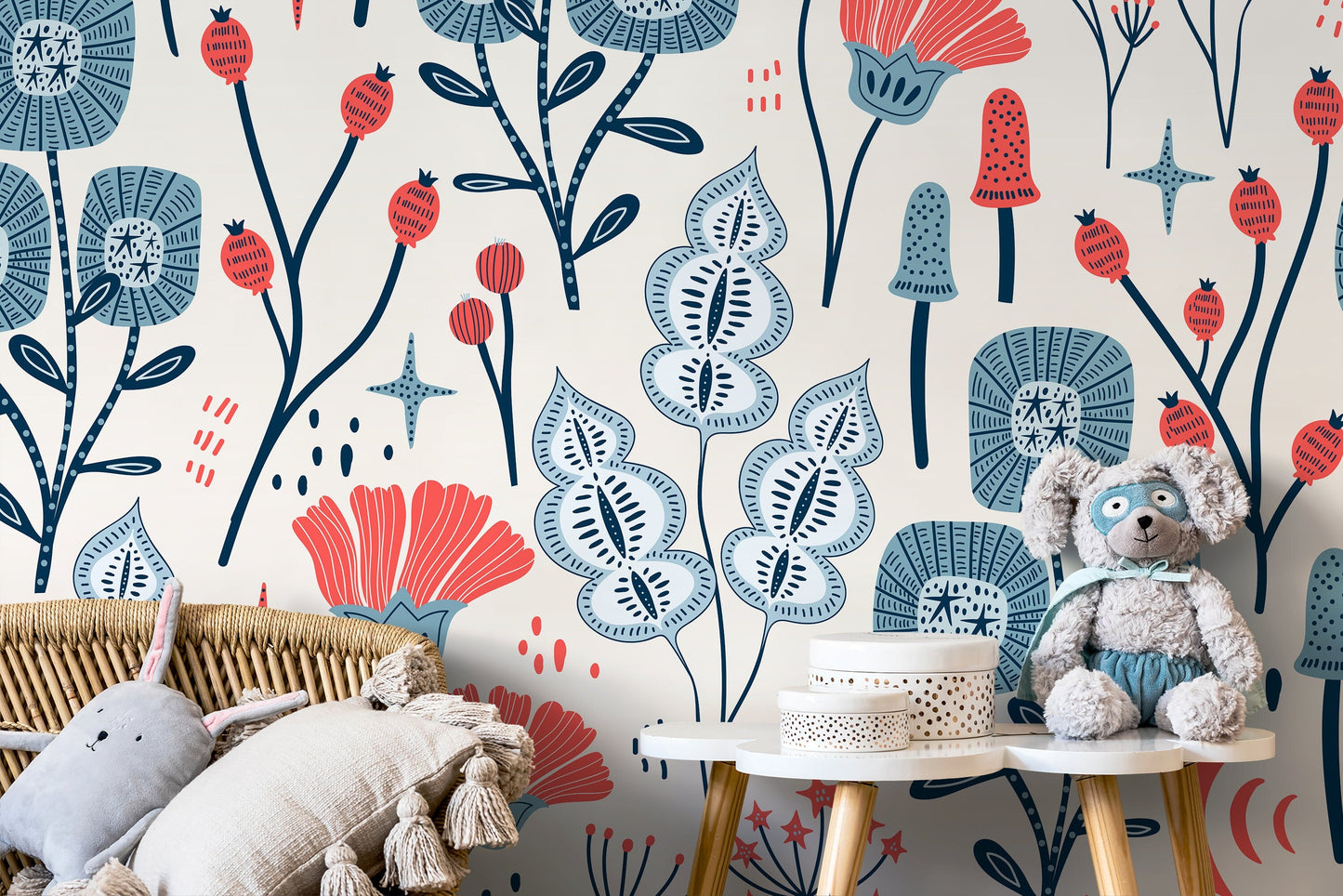 Blue and Red Floral Wallpaper / Peel and Stick Wallpaper Removable Wallpaper Home Decor Wall Art Wall Decor Room Decor - D396