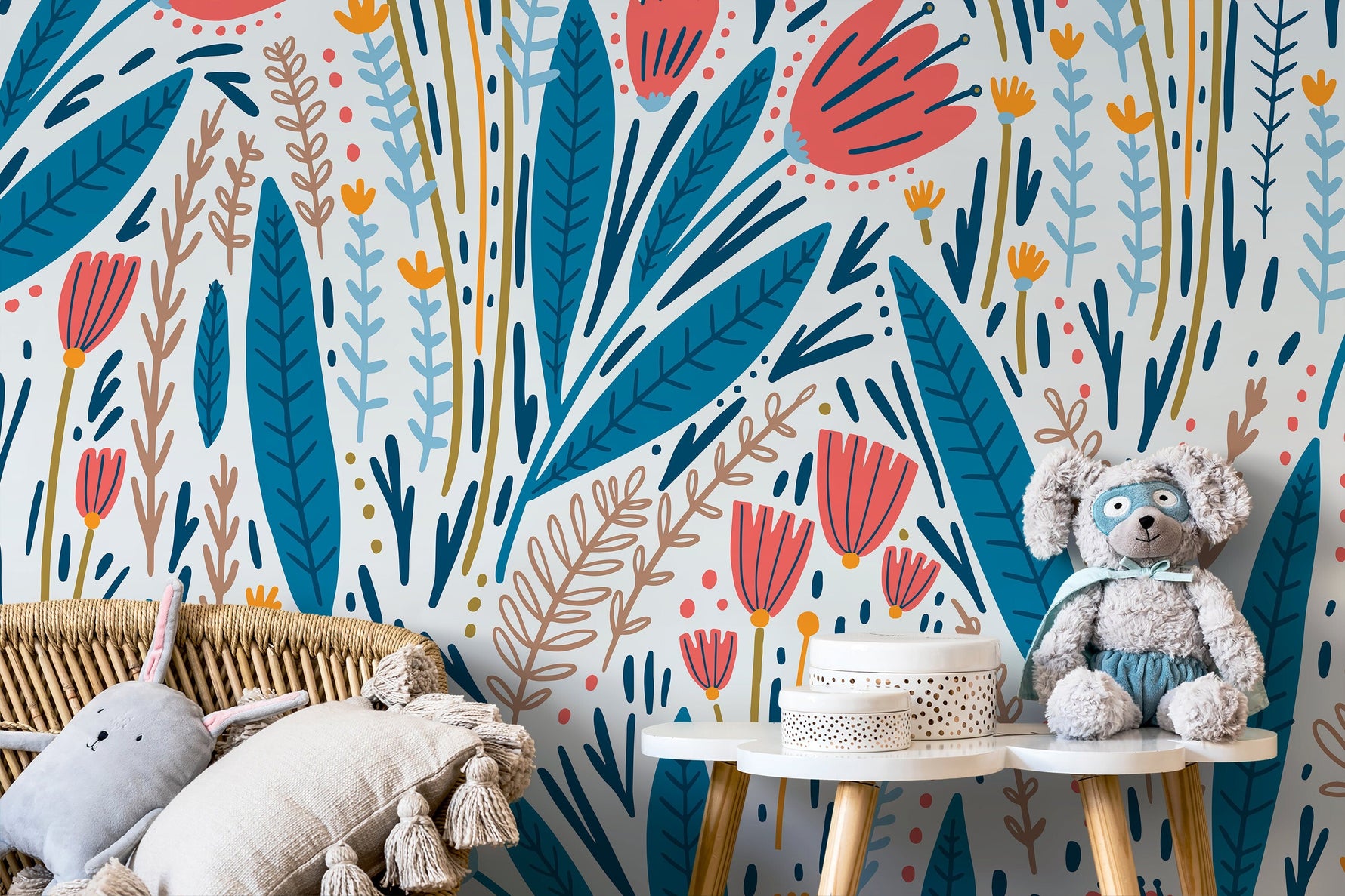 Scandinavian Floral Garden Wallpaper / Peel and Stick Wallpaper Removable Wallpaper Home Decor Wall Art Wall Decor Room Decor - D399