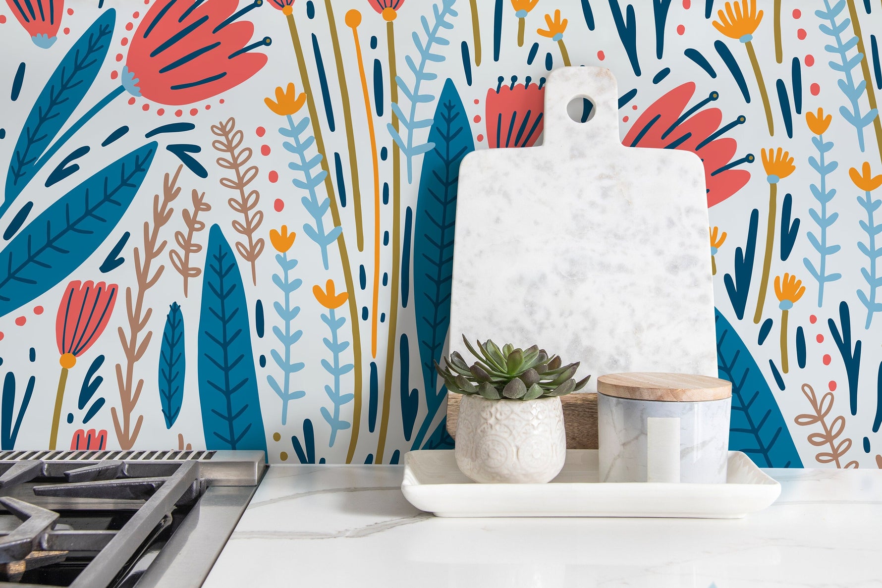 Scandinavian Floral Garden Wallpaper / Peel and Stick Wallpaper Removable Wallpaper Home Decor Wall Art Wall Decor Room Decor - D399
