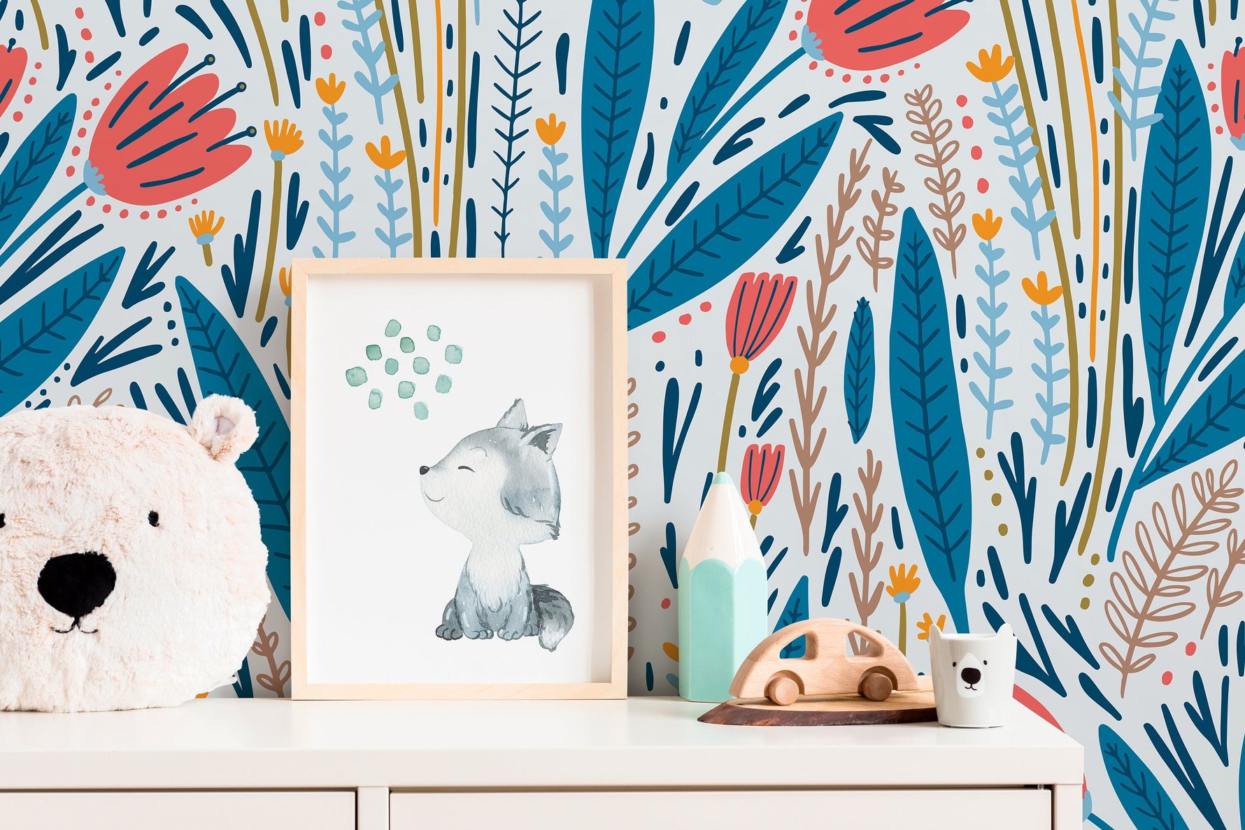 Scandinavian Floral Garden Wallpaper / Peel and Stick Wallpaper Removable Wallpaper Home Decor Wall Art Wall Decor Room Decor - D399